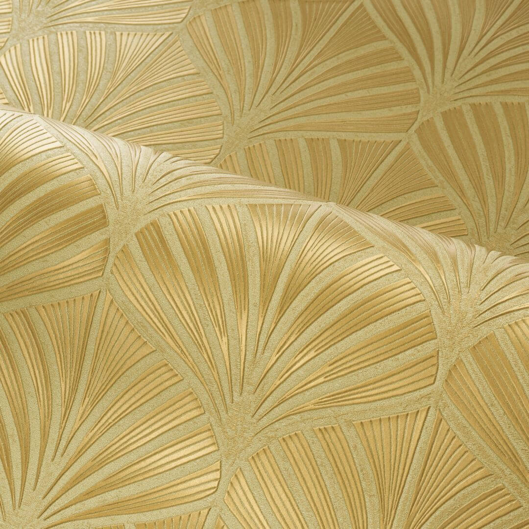 Metallic structural wallpaper with a plant motif of NEREIDES leaves - LICHEN/DORÉ beige with gold