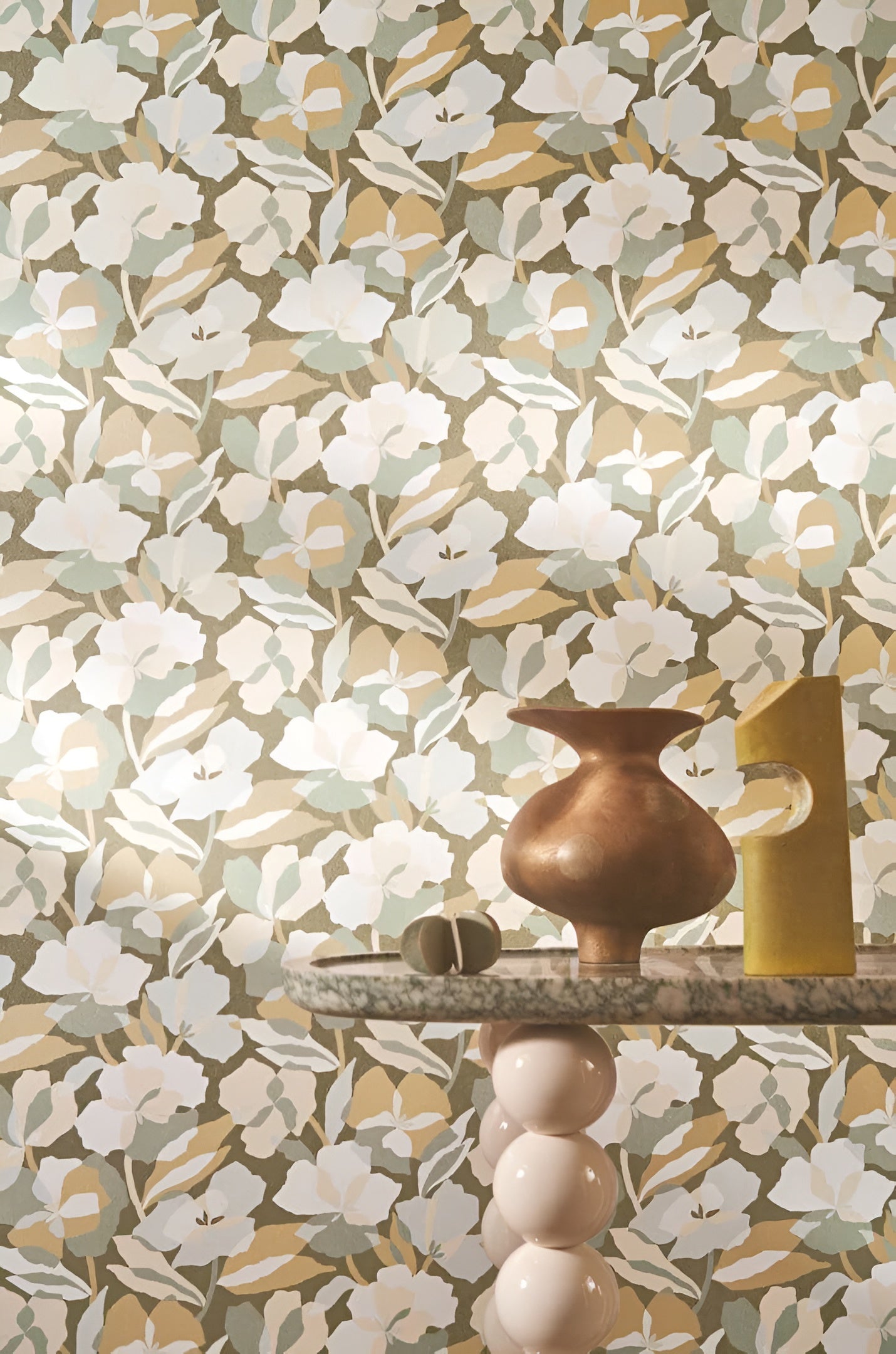 Amaryllis Floral Pattern Wallpaper - Nude/Lichen Pastel Green with Beige