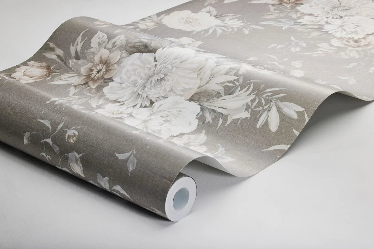 Vliesbehang met plantaal patroon FLORAL CHARM bruin met wit