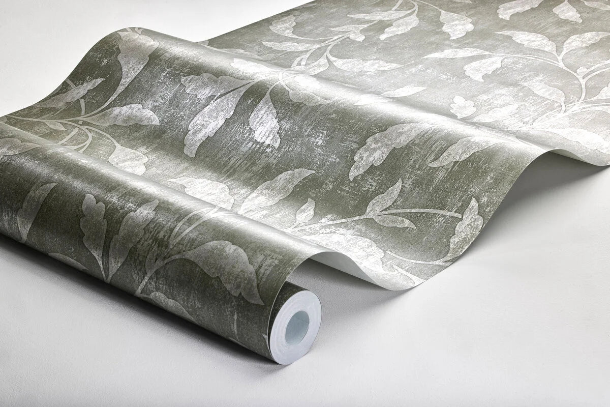 Non-woven paper wallpaper with a floral pattern ROSEWOOD NIGHT green