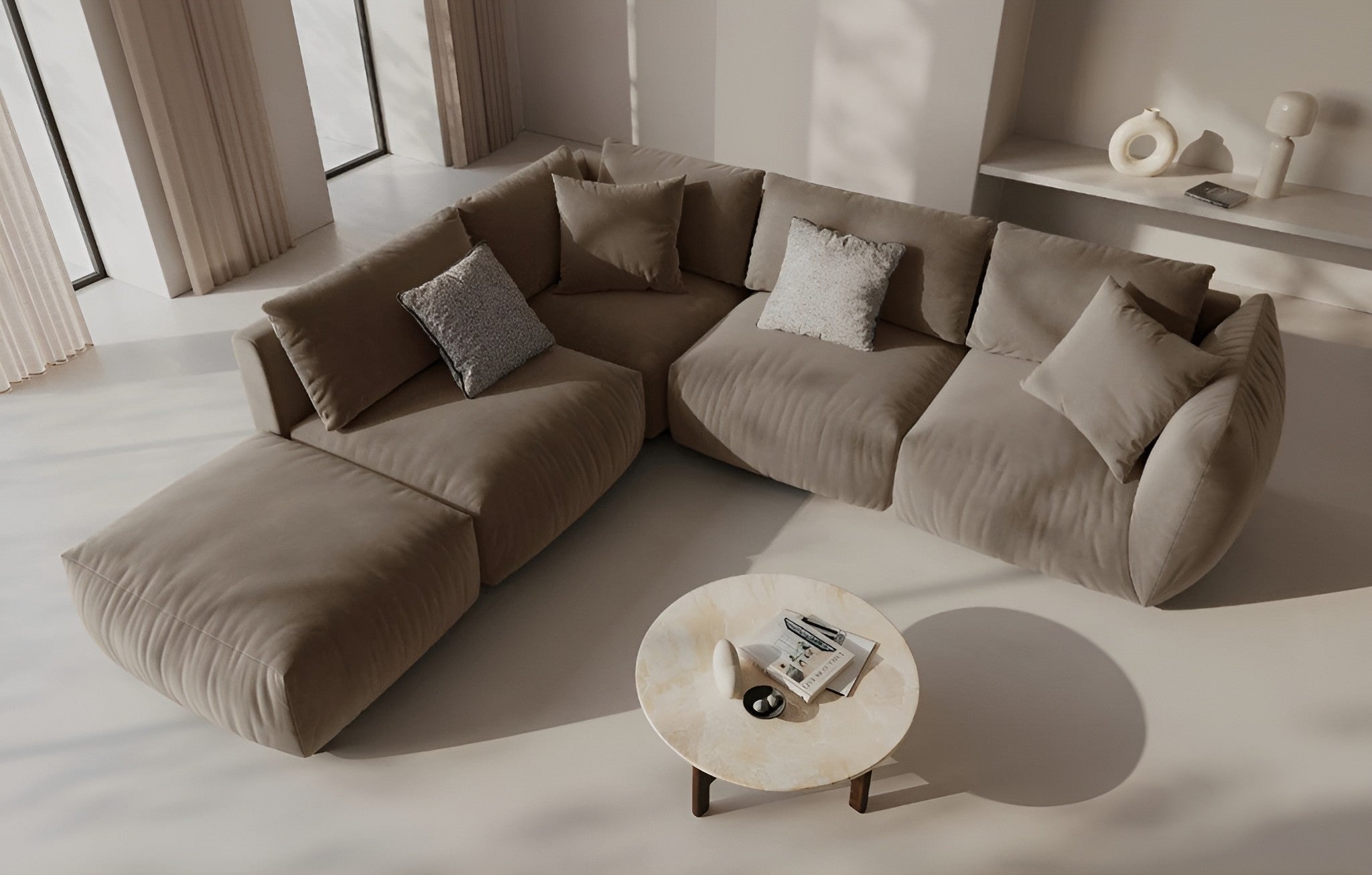 Modulaire fluwelen bank CHRIS - middenelement lichtbruin