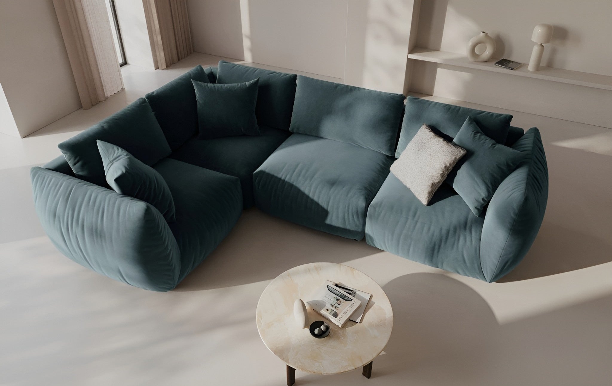 Modulares Samtsofa CHRIS - linkes Element in Hellblau