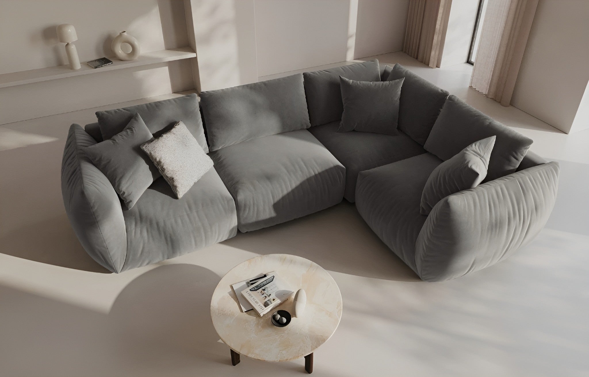 Gray velvet corner sofa for 4 people right-facing CHRIS