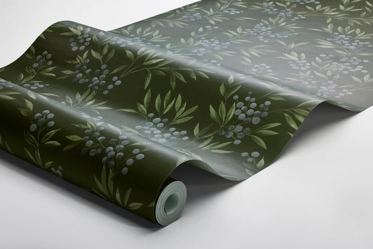 Behang met plantenmotief FOREST BERRIES groen met blauw