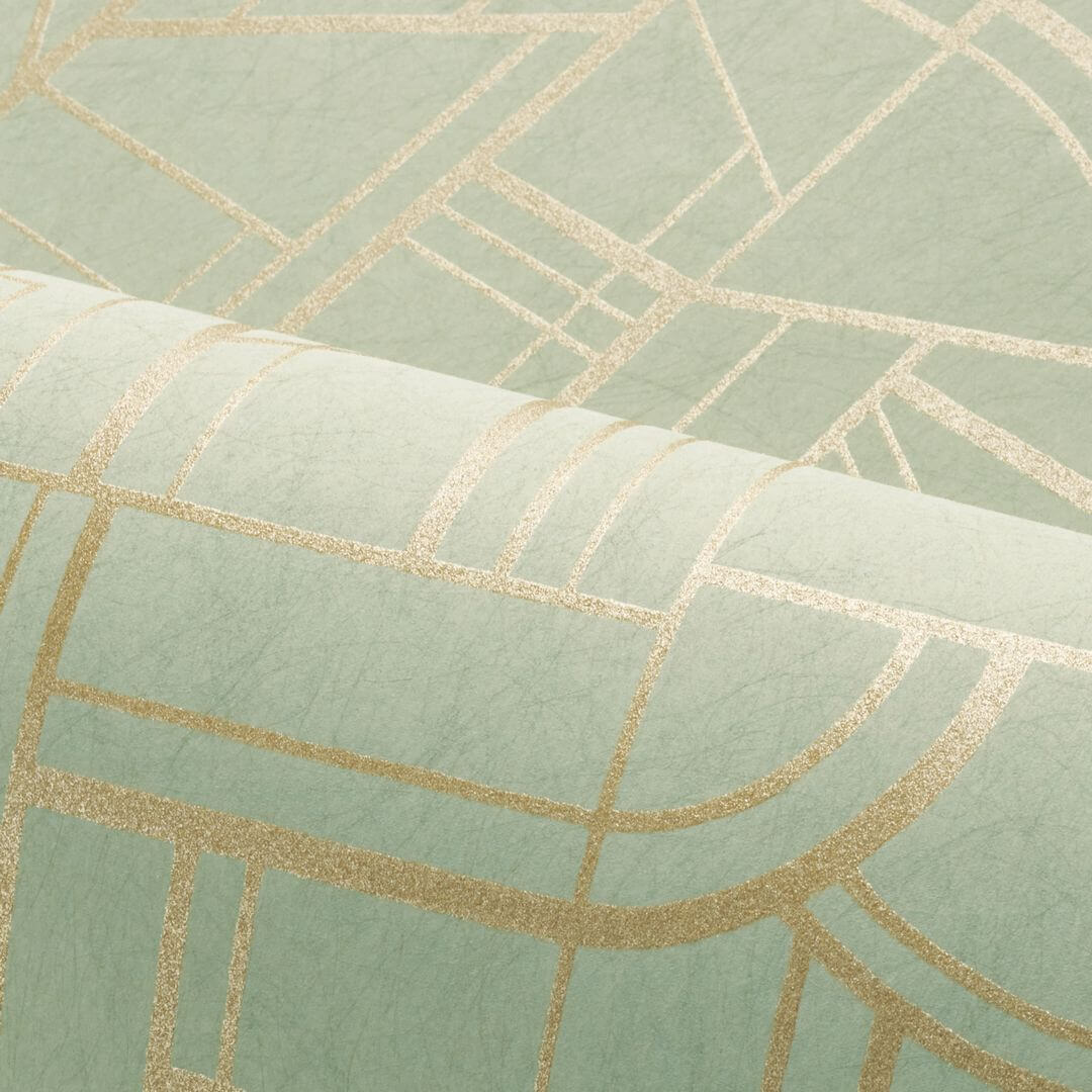 Metallic wallpaper with geometric pattern CINÉTIQUE - AQUA GREEN/GOLD