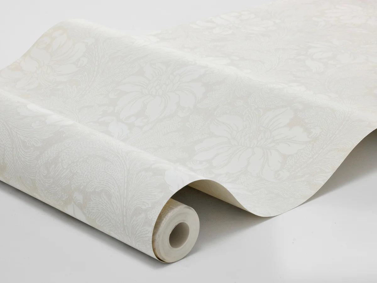 Non-woven paper wallpaper with a plant pattern ACANTHUS in broken white