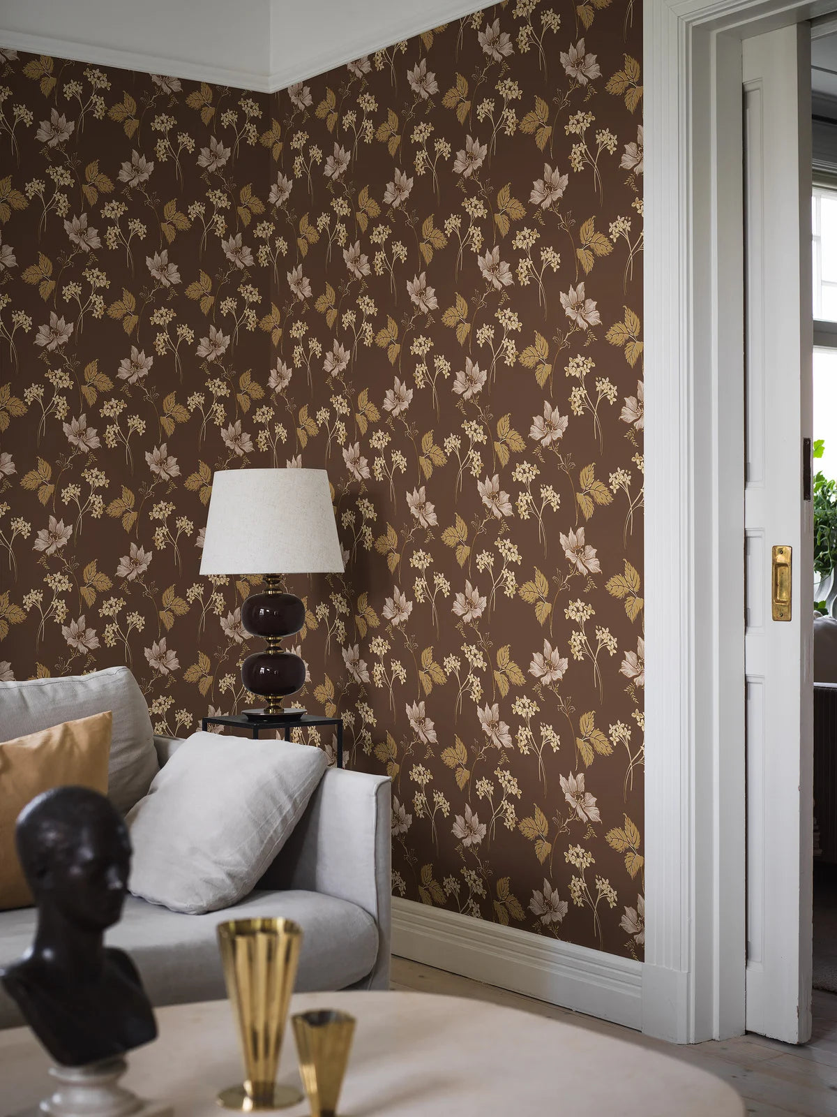Beige met bruine bloemenprint wandtapijt VALBORG