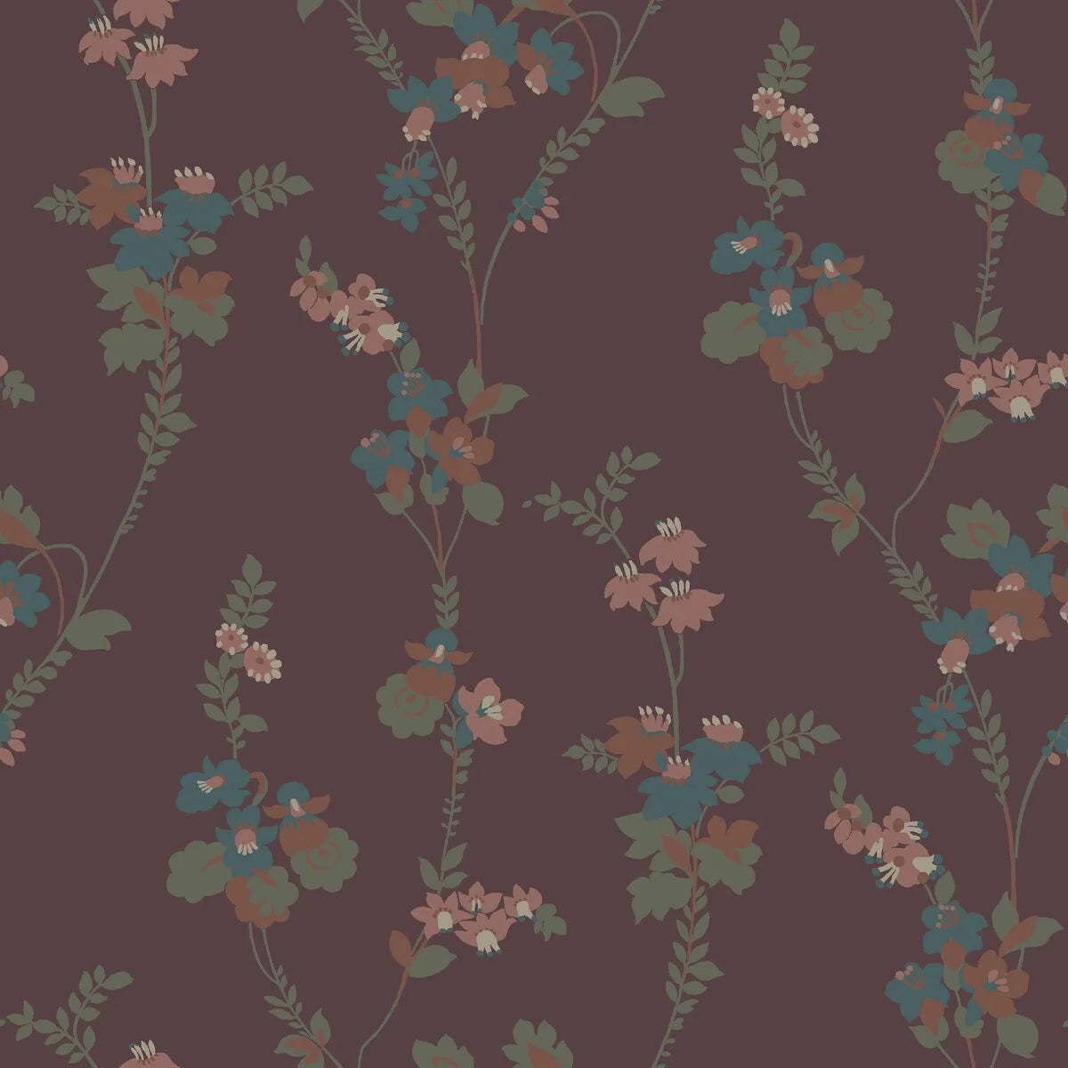 VERA Dark Burgundy Floral Plant Motif Wallpaper with Green