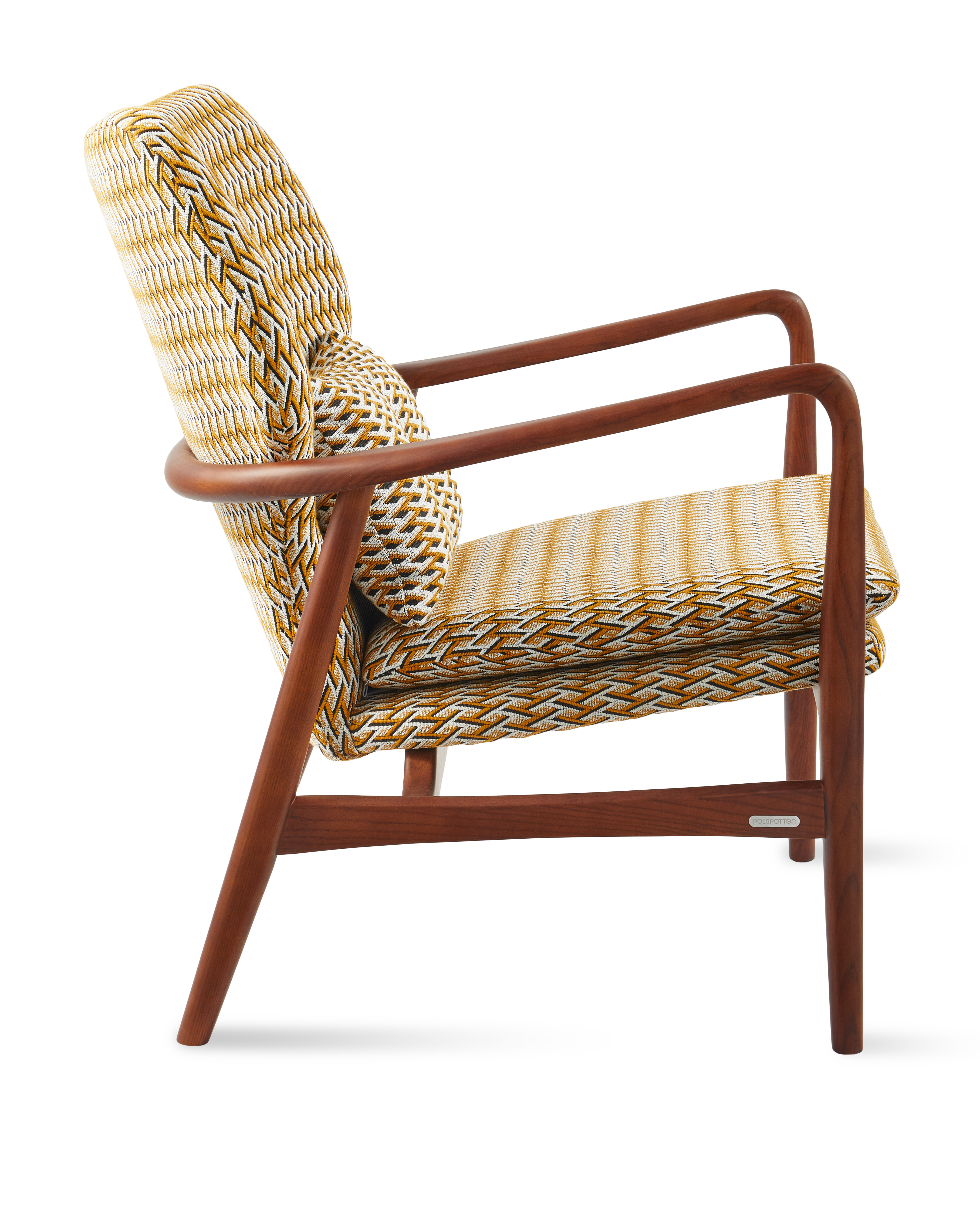 Fauteuil PEGGY in paarse kleur met geometrische patronen en houten basis