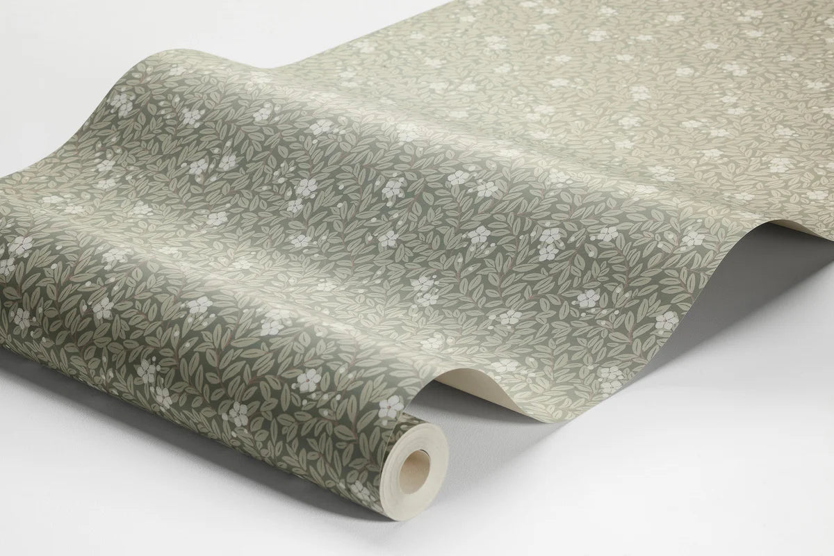 Tapete mit floralem Muster aus Blumen und Blättern MYRTEN grün mit weiß
