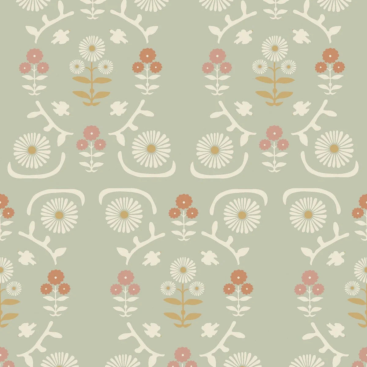 ISOLDE Green Floral Pattern Wallpaper with Cream