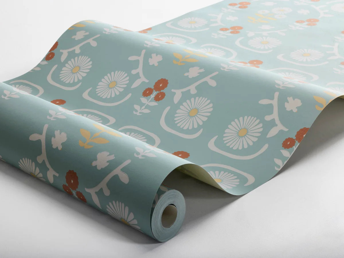 Behang met bloemenmotief ISOLDE blauw met crème