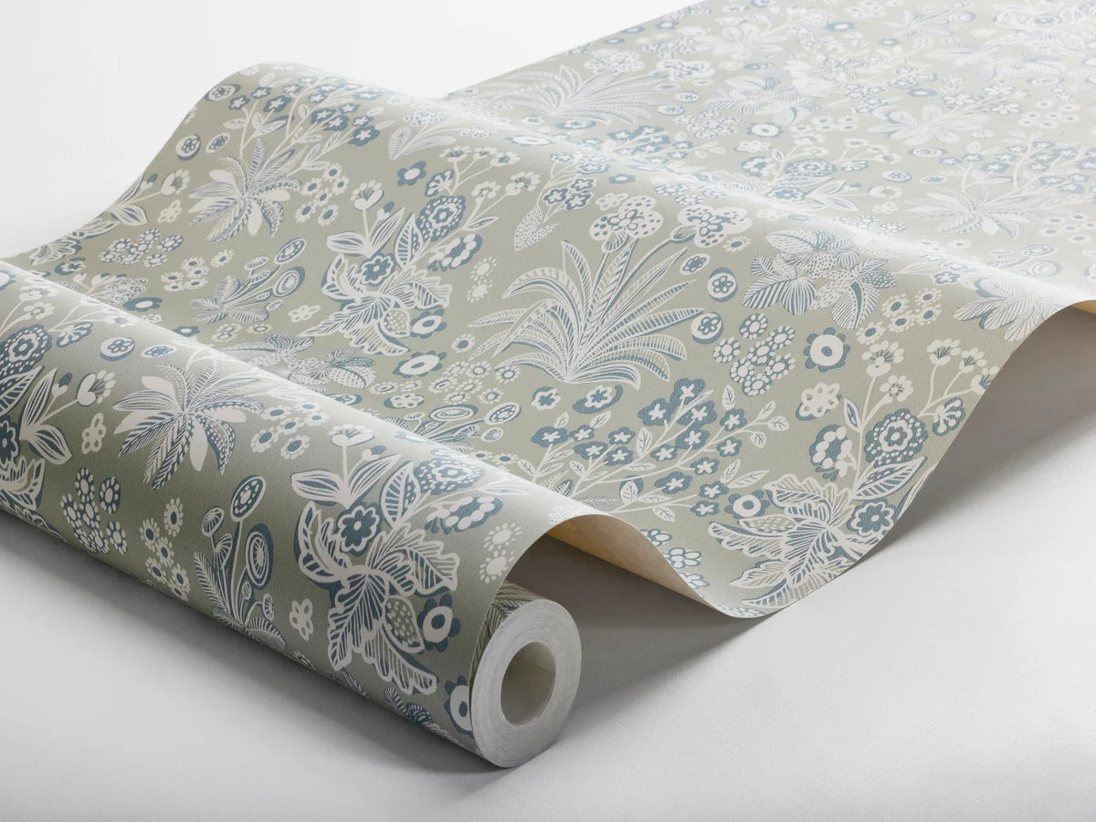 Behang met plantenmotief bloemen TUVA khaki met crème