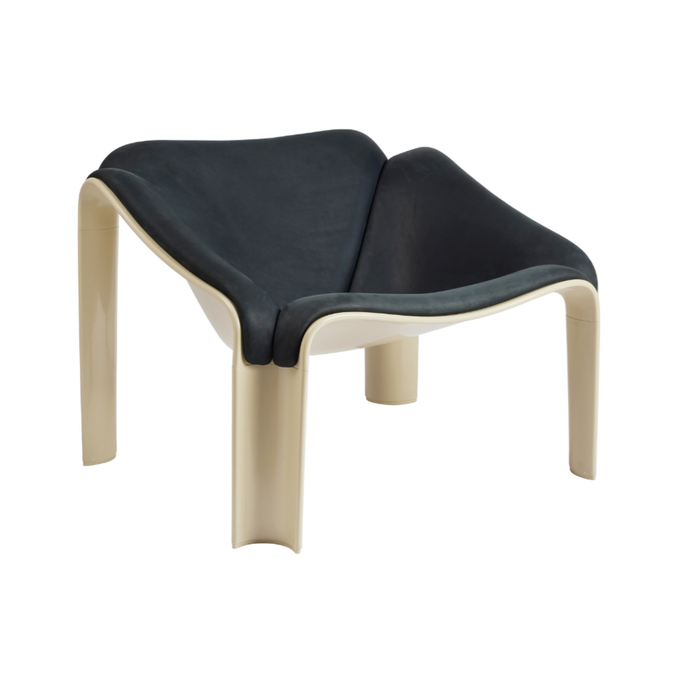 Sessel F300 in marineblauem Leder mit cremefarbenem Gestell
