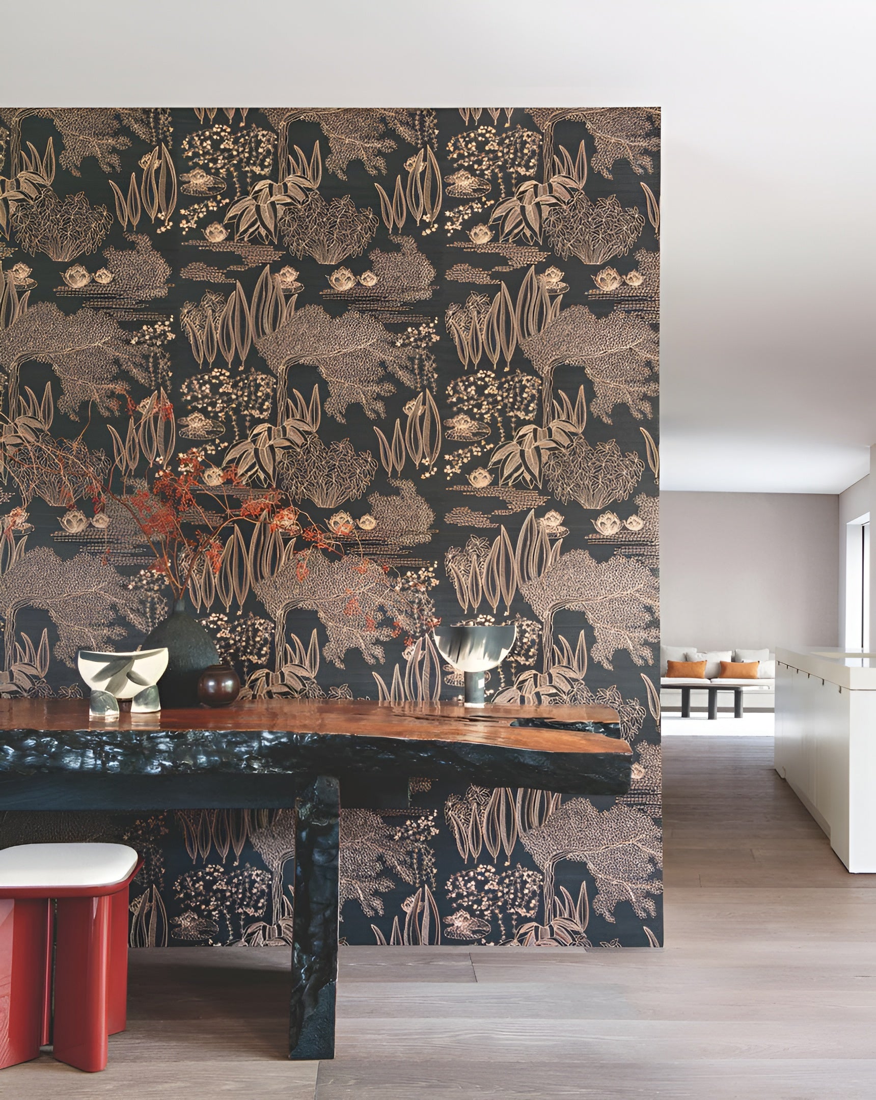 Vezelbehang met plantenmotief HASU - NOIR CUIVRÉ zwart met koperkleur