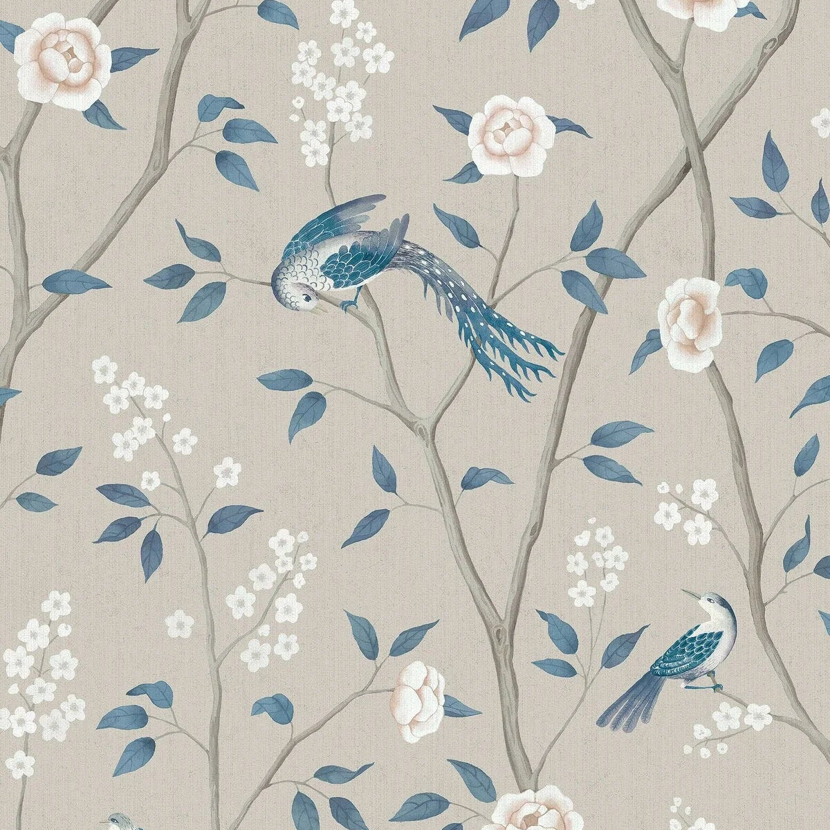 Vlies-Tapete mit Pflanzenmuster PARADISE BIRDS dunkelbeige mit Blau