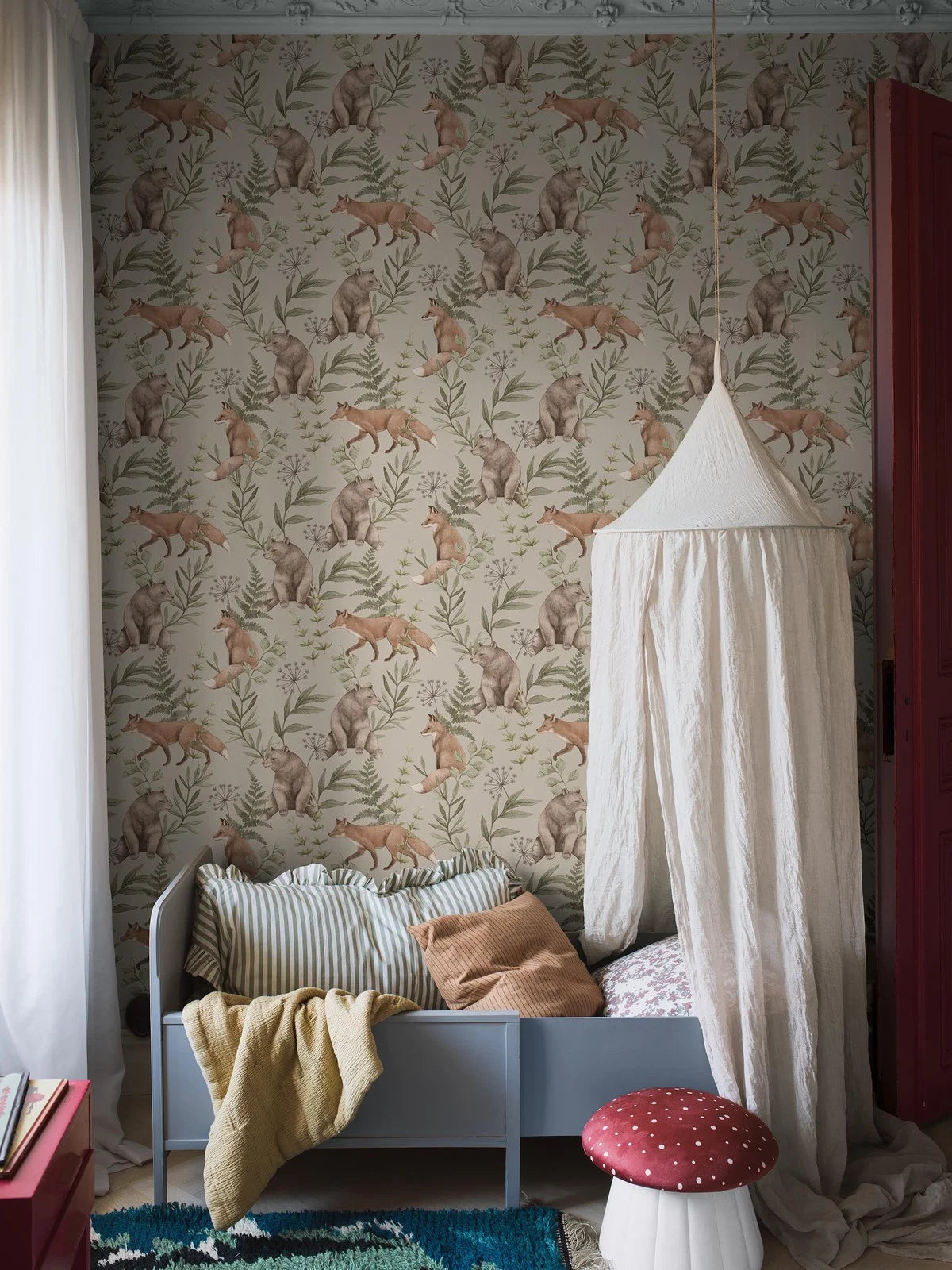 Wild Forest Beige Children's Wallpaper with Plant and Animal Motif
