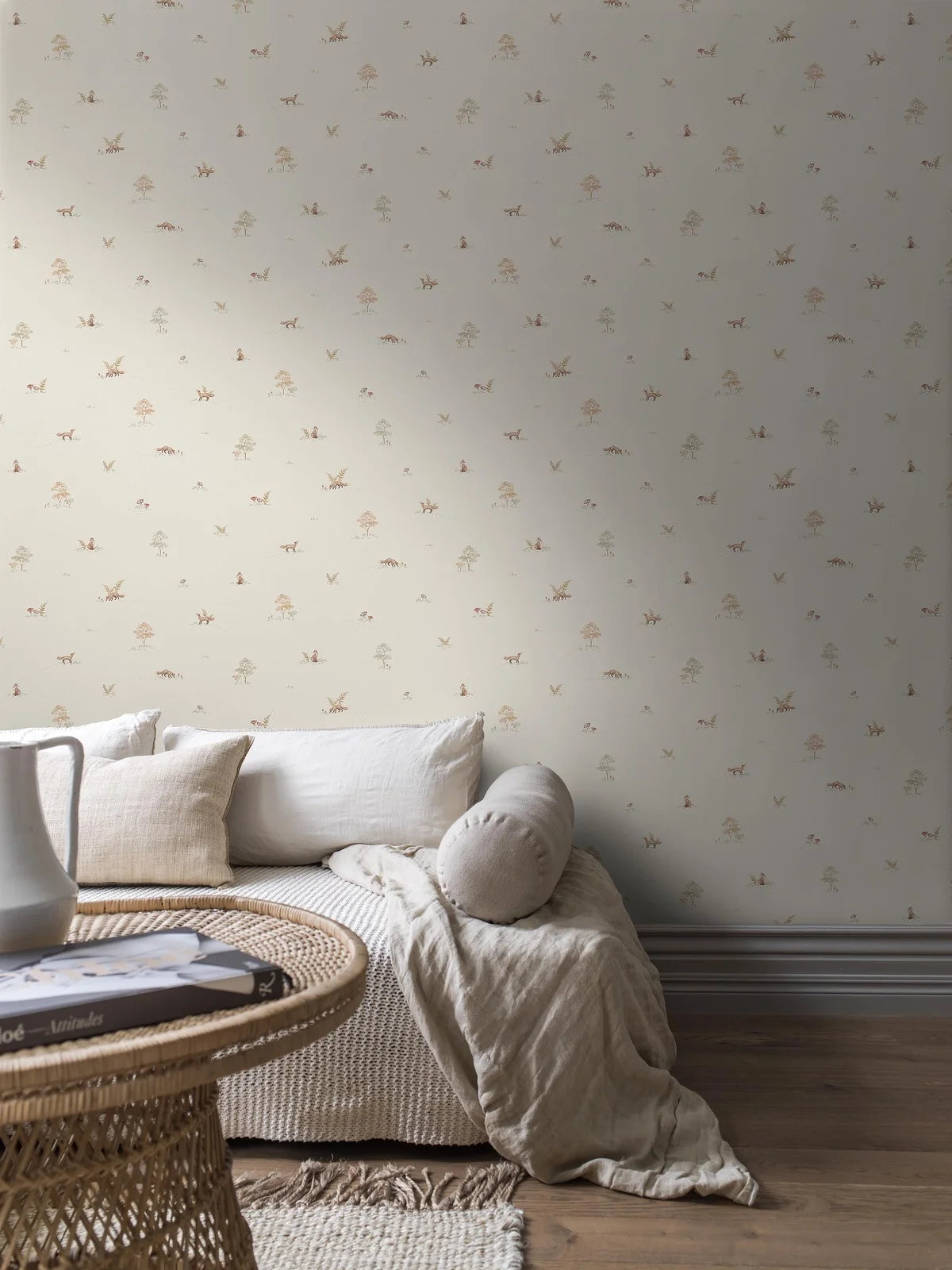Tapete mit Pflanzen- und Tiermotiv LITTLE FOX hellbeige