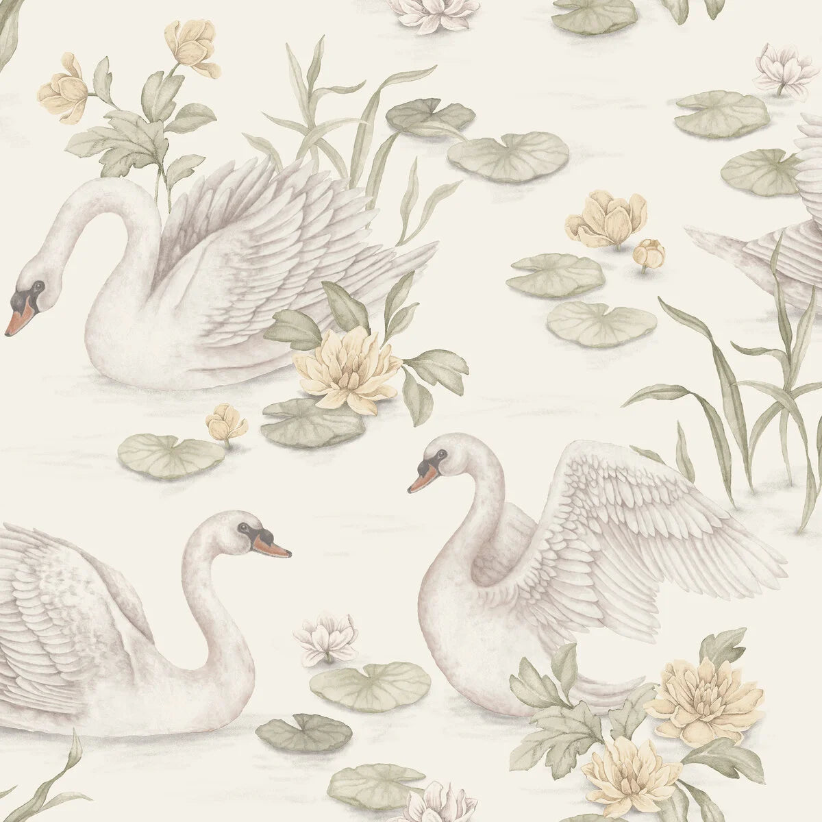 Children's wallpaper with plant and animal motif LILY SWAN warm white