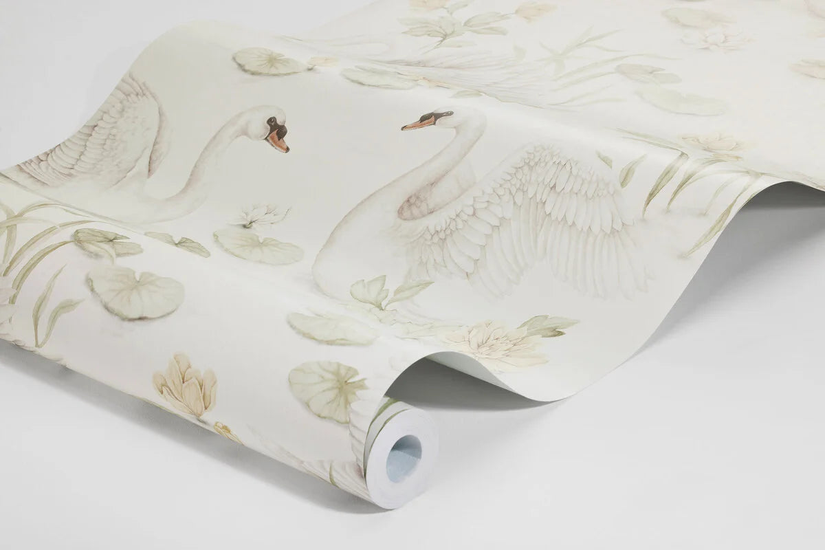 Children's wallpaper with plant and animal motif LILY SWAN warm white
