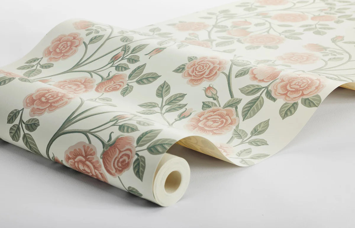 Beige ELSA bloemenmotief behang met roze
