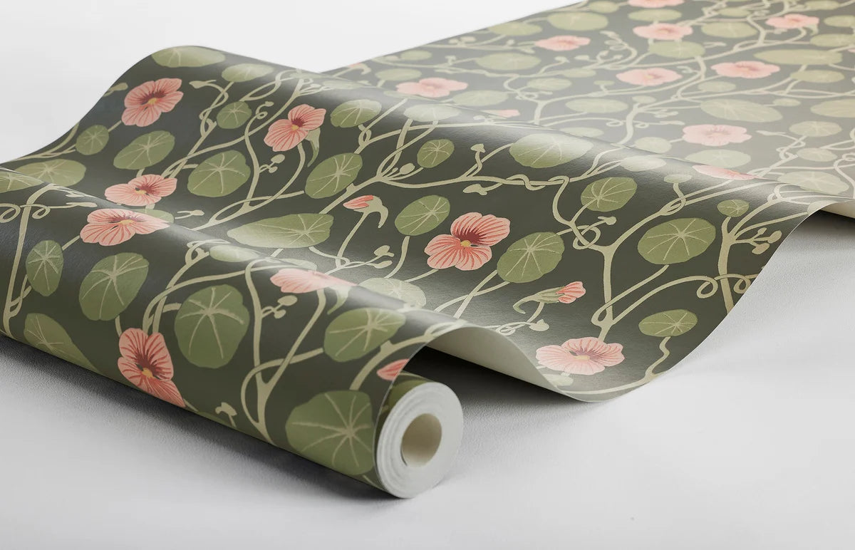 Behang met plantmotief in bloemen KRASSE donkerbruin met groen