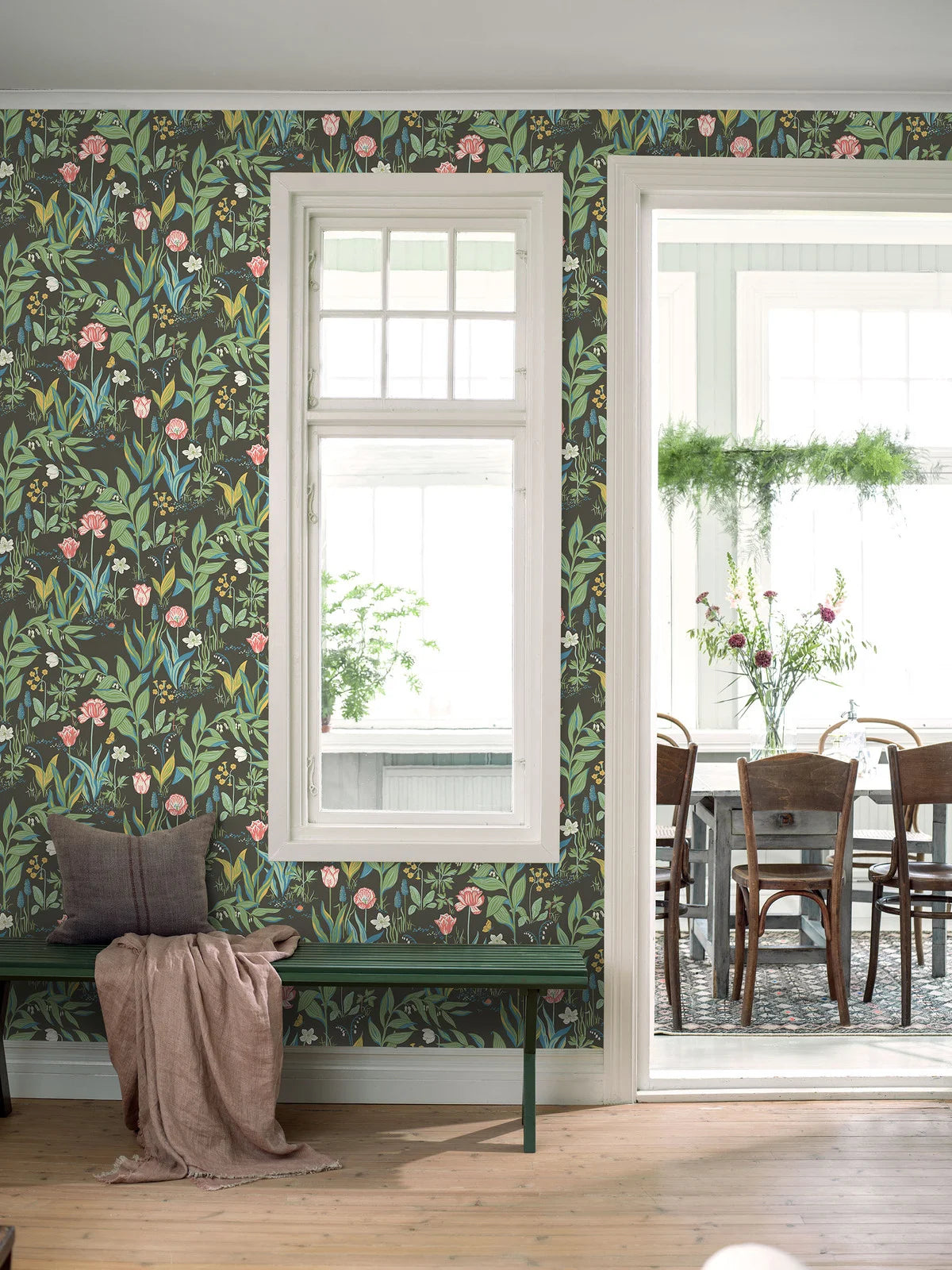 Spring Garden Floral Pattern Wallpaper in Brown and Green