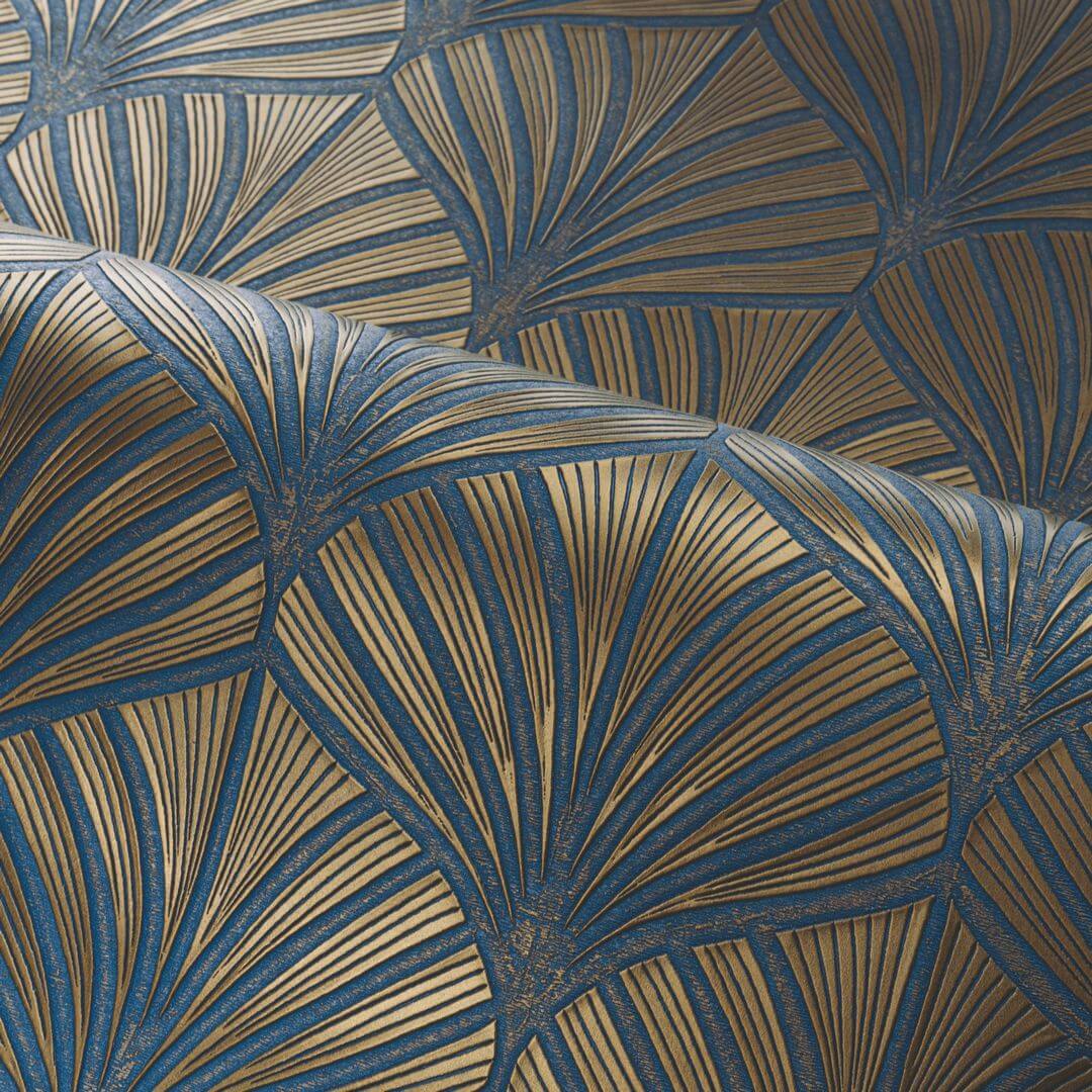 Metallic structural wallpaper with a plant motif of NEREIDES leaves - BLEU ROI/DORÉ navy blue with gold