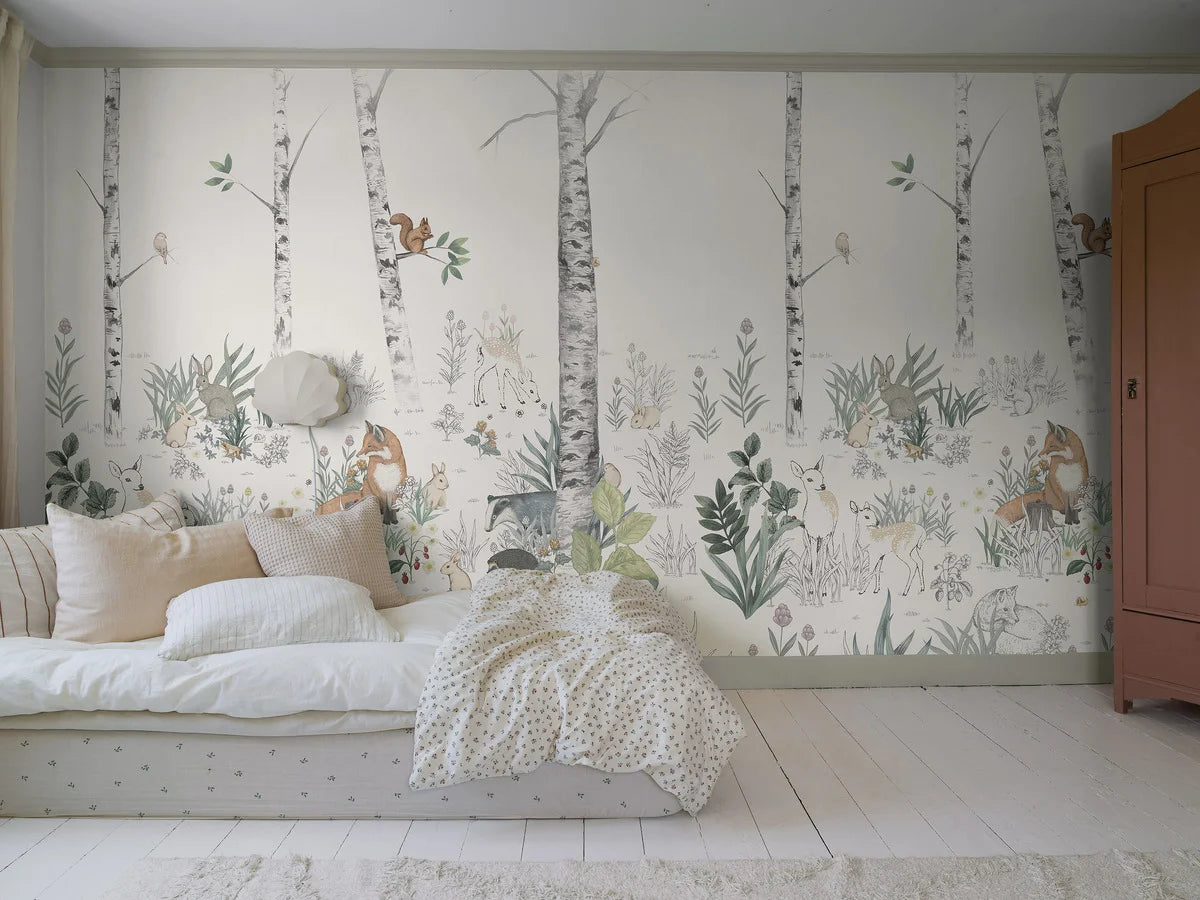 Children's mural with a forest landscape MAGIC FOREST warm white