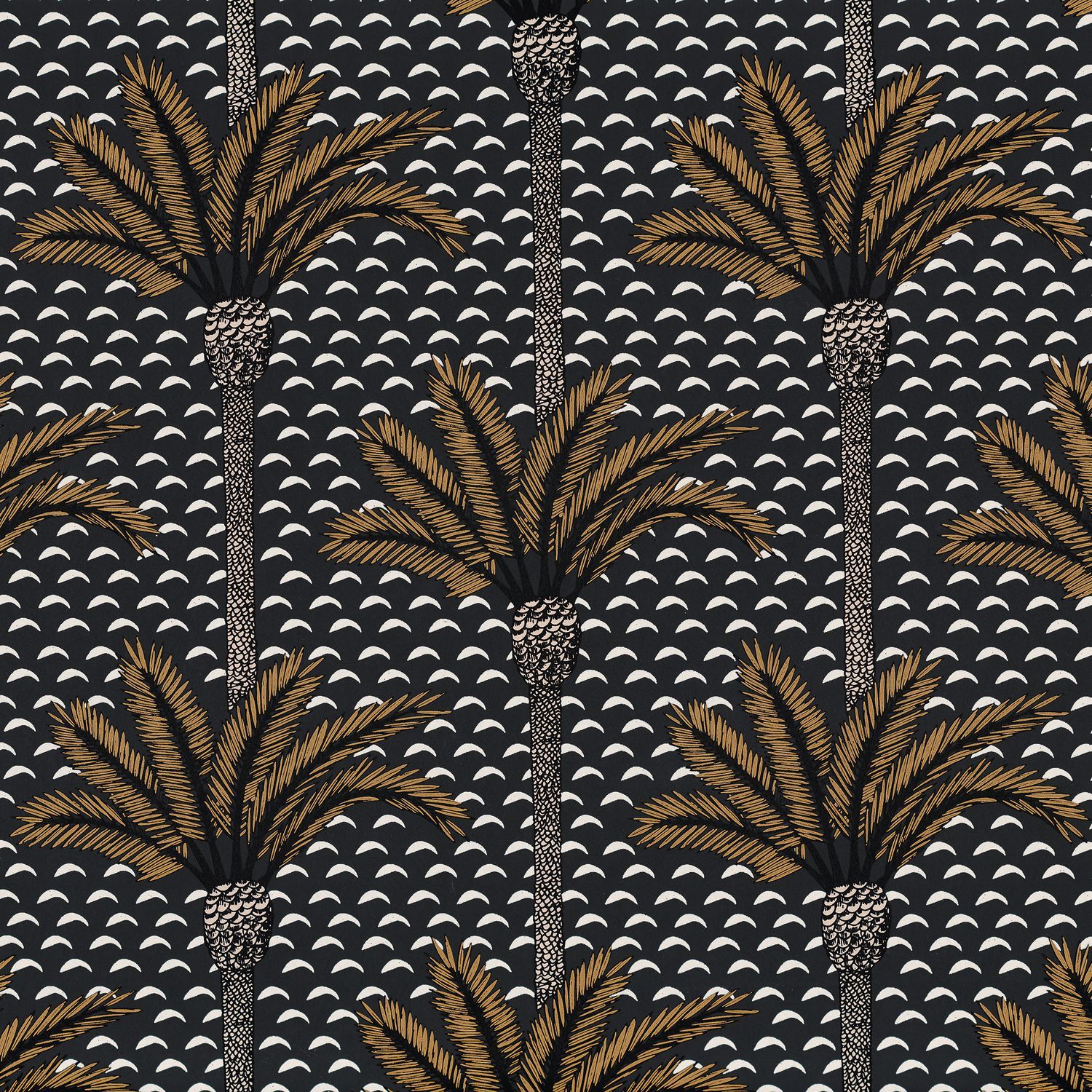 Structural wallpaper with a plant motif in palm ATLAS - CARBONE black with gold