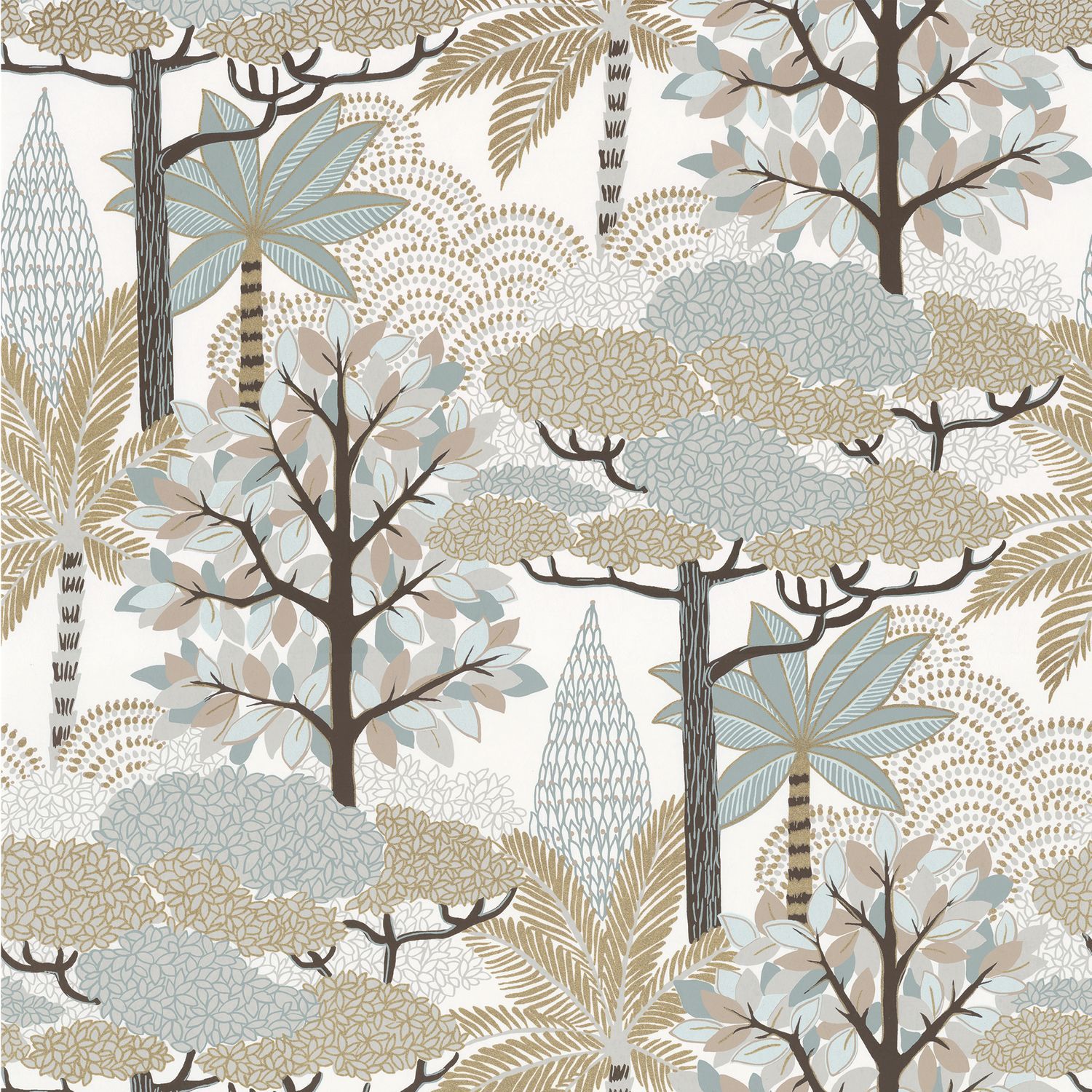 Metalen behang met plantaal motief MARAKANDA - PASTEL/GOUDE wit met goud