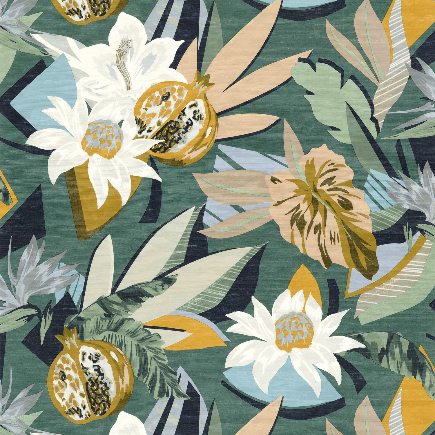 Structuurtapijt met plantaal motief SALVADOR - EMERAUDE/MOUTARDE smaragdgroen met mosterdgeel