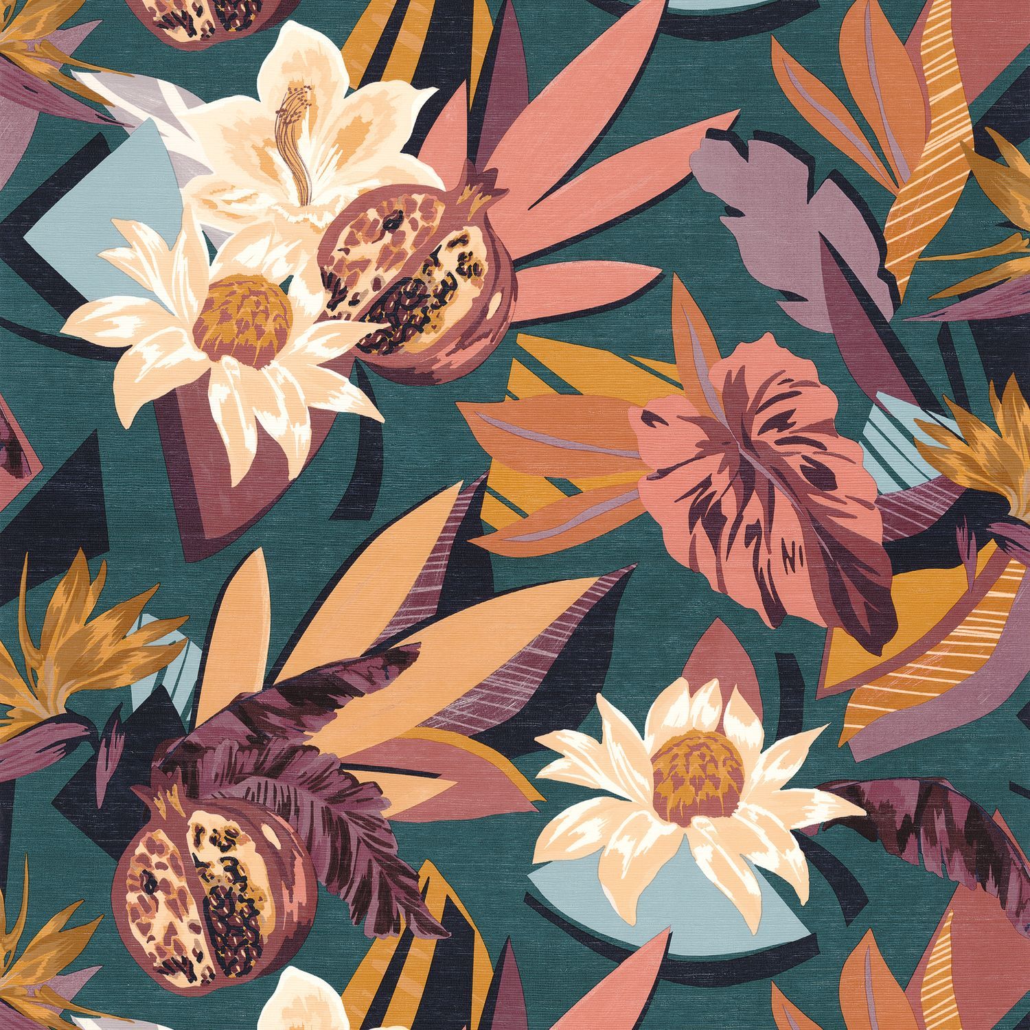 Strukturtapete mit pflanzlichem Motiv SALVADOR - PETROLE/BLUSH grün mit rosa