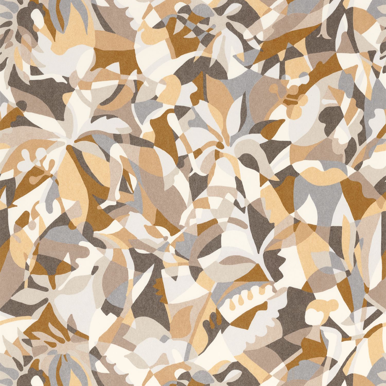 Abstract patterned wallpaper with a botanical motif PLONGEON - SABLE/CAMEL beige with brown