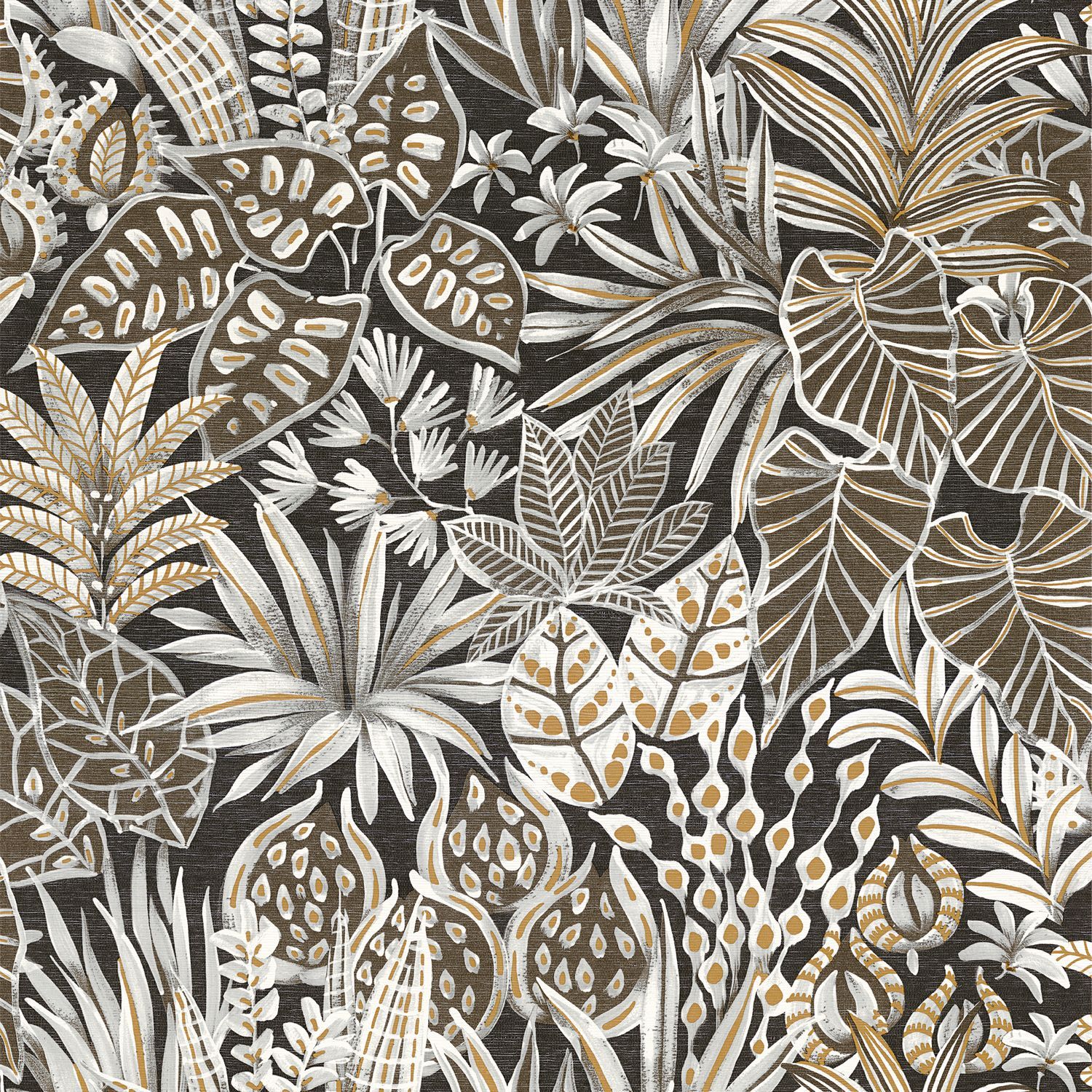 Strukturtapete mit pflanzlichem Blattmotiv MADHUCA - NOIR schwarz mit Gold