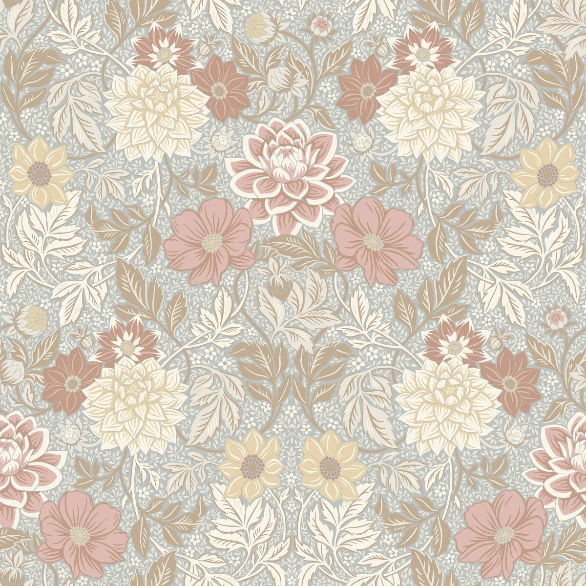 Non-woven paper wallpaper with a floral pattern DAHLIA GARDEN in blue and beige
