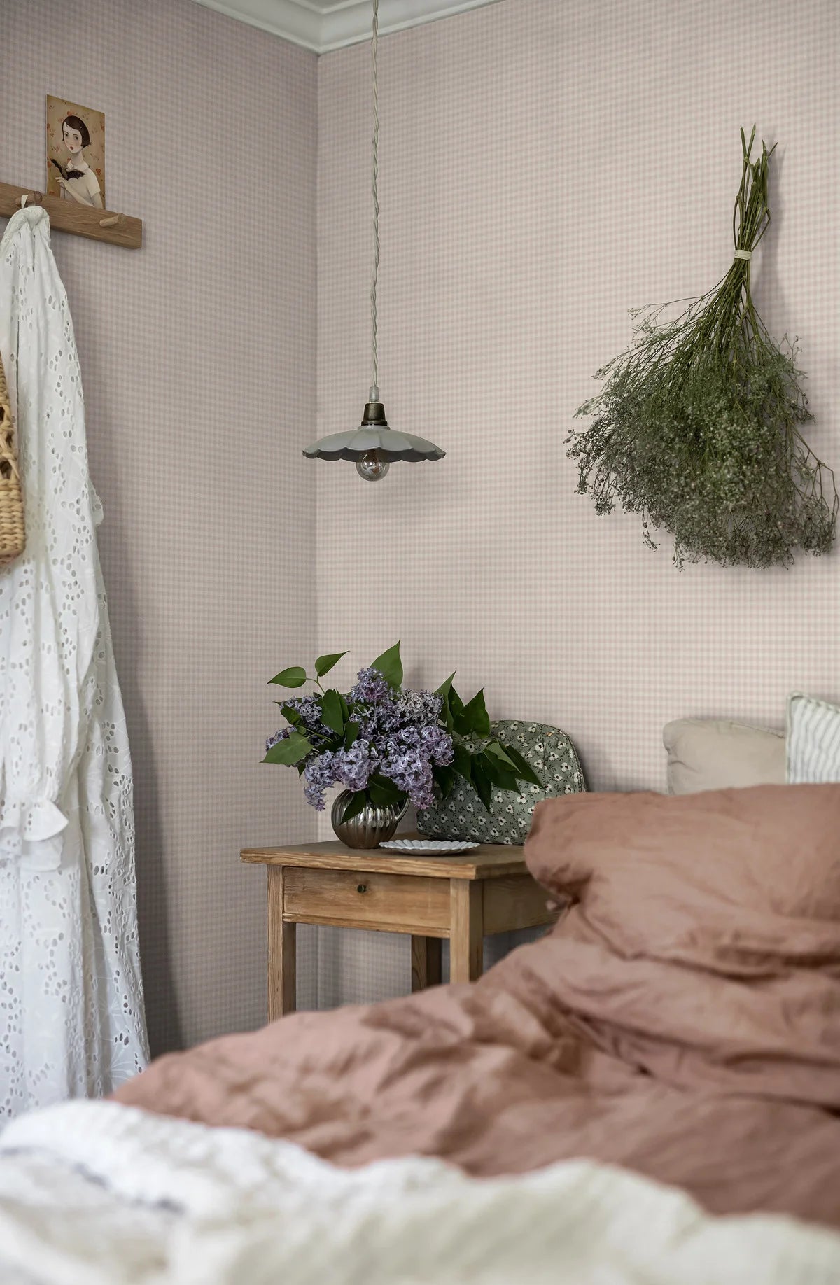 Structuurtapijt dat linnen in ruitpatroon imiteert PICNIC CHECK roze met wit