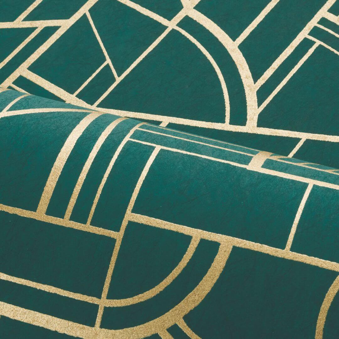 Metalen behang met geometrisch patroon CINÉTIQUE - EENDENBLAUW/GOUDE groen met goud