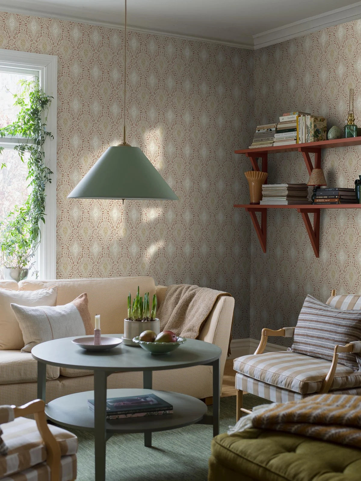 Non-woven paper wallpaper with a geometric pattern KVARNHOLMEN beige with terracotta