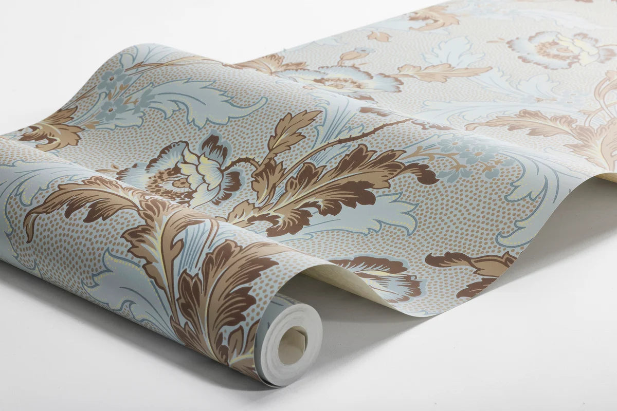 Non-woven paper wallpaper with a botanical pattern GÖTEBORG in blue and beige