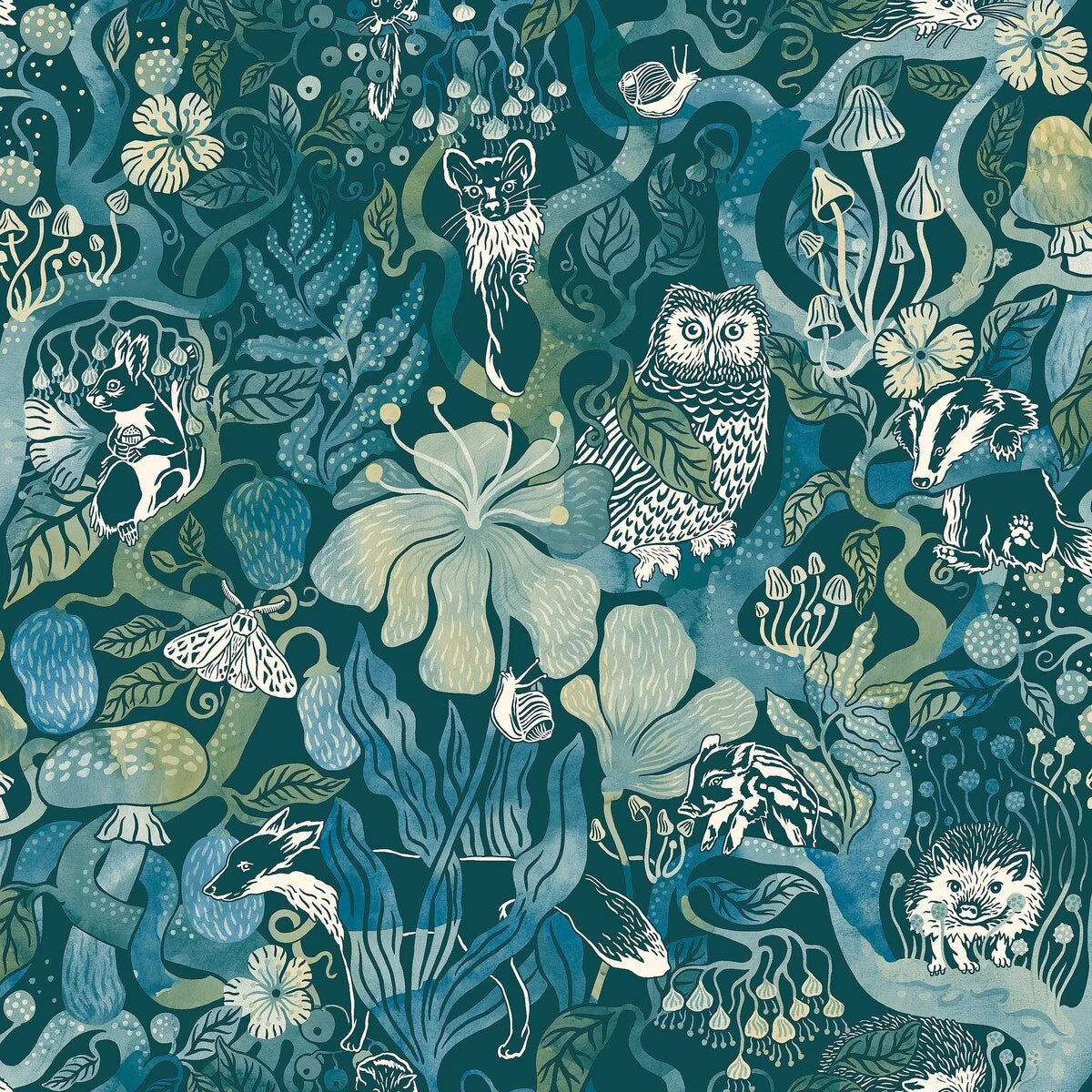 Children's wallpaper with a magical forest theme MAGIC WOODS turquoise