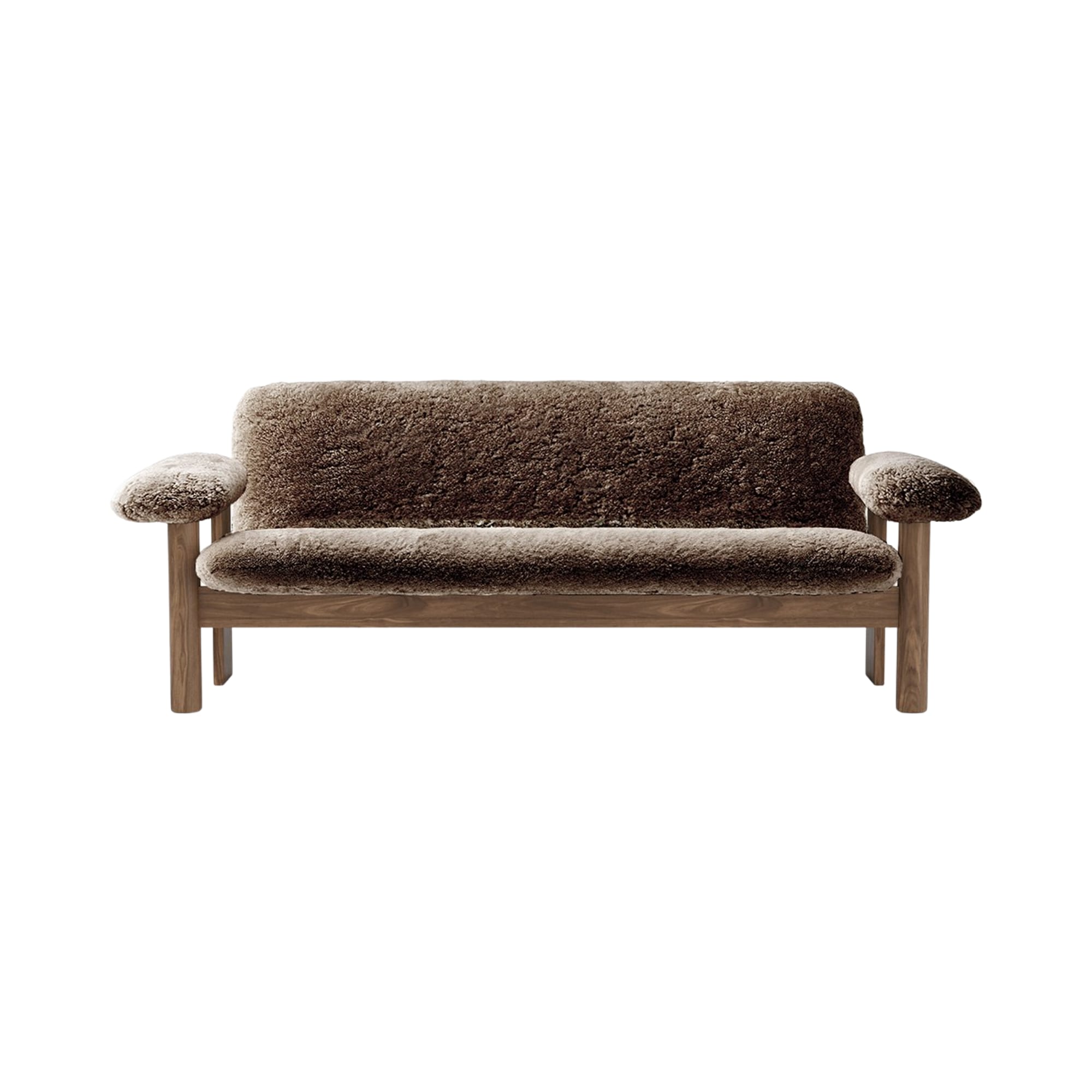 BRASILIA Sofa brown sheepskin with walnut base