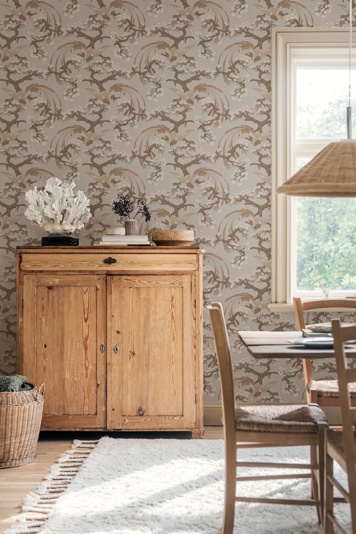 Tapete mit Pflanzen- und Tiermotiv FENIX gedämpftes Beige