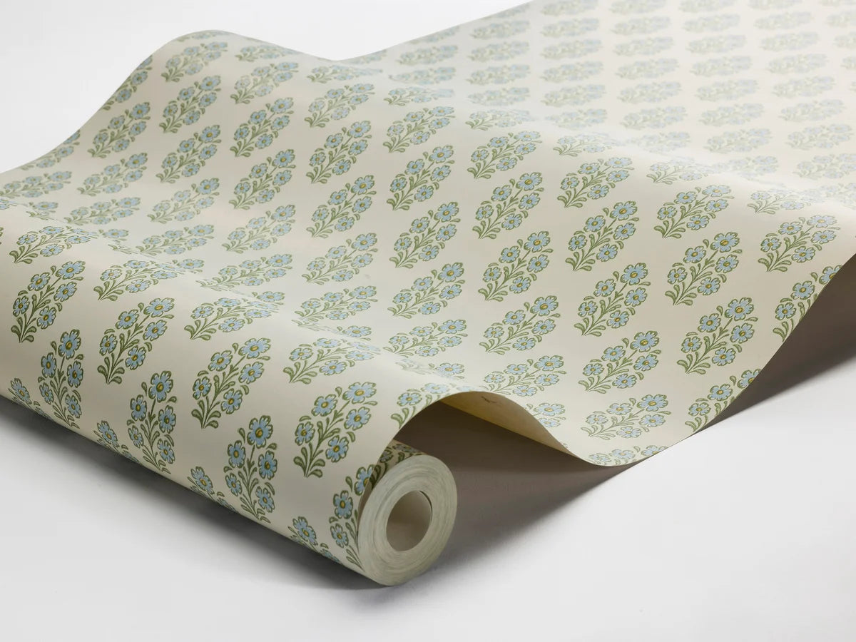 Behang met plantaal bloemenmotief SIBYLLA crème met blauw