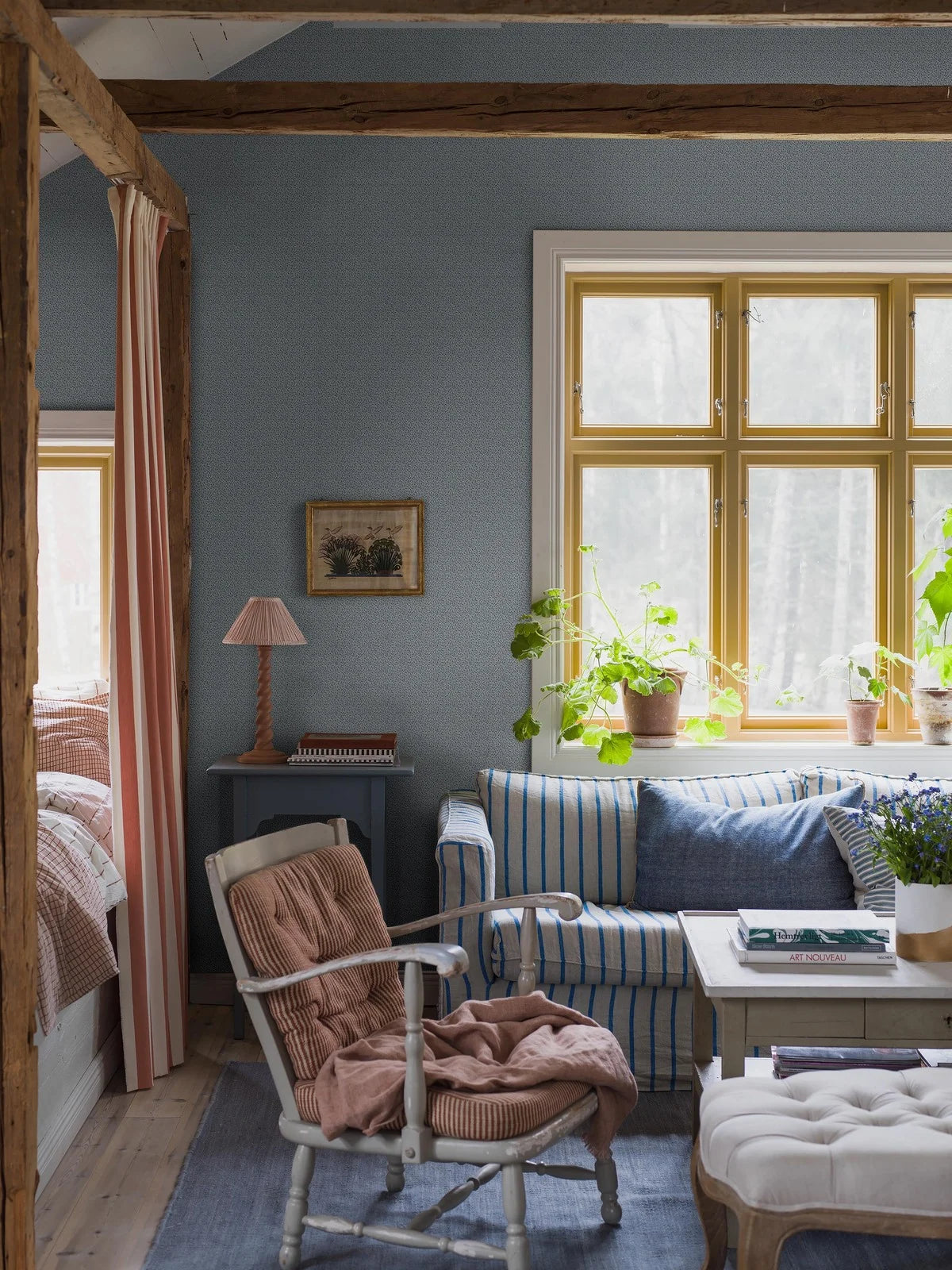 Behang met plantenmotief IDA blauw met wit