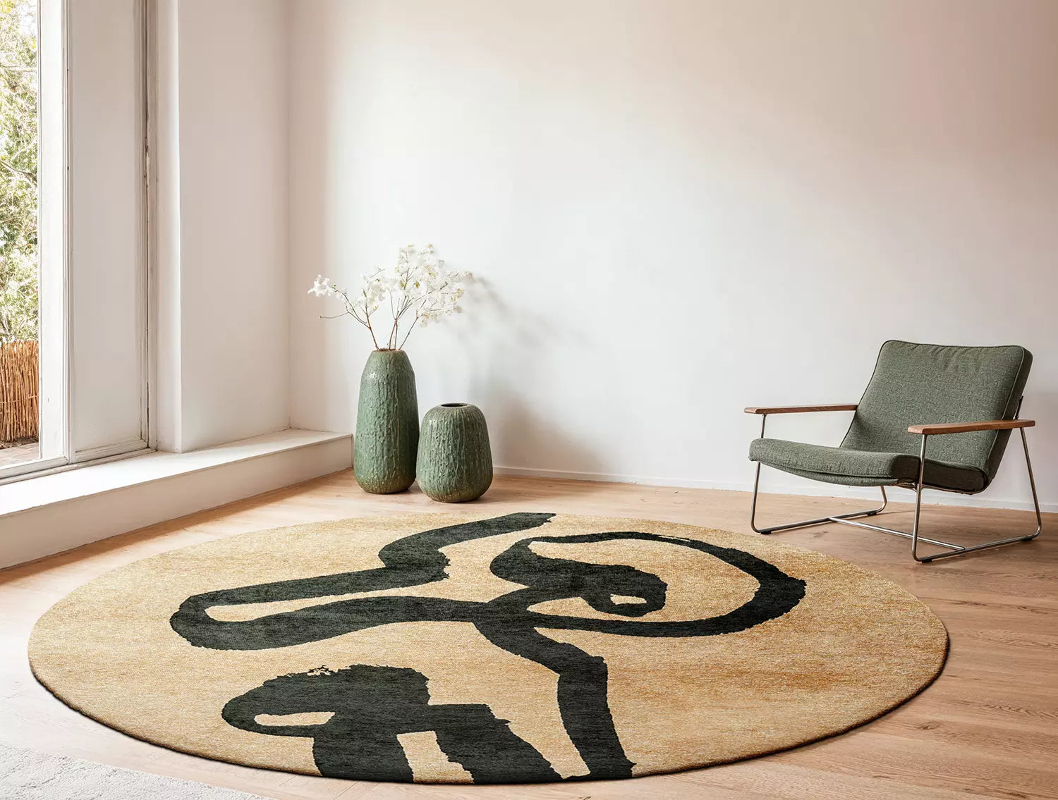 Round RIBBON Beige Rug with Dark Green