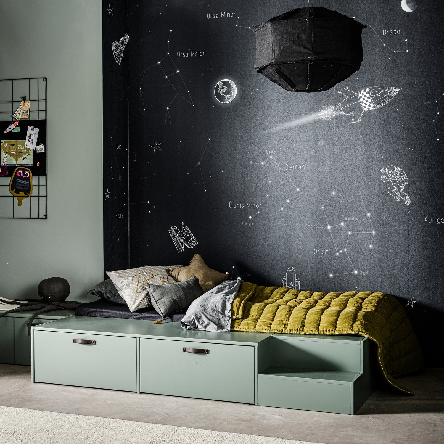 Bed met lades STAGE grijs-groen