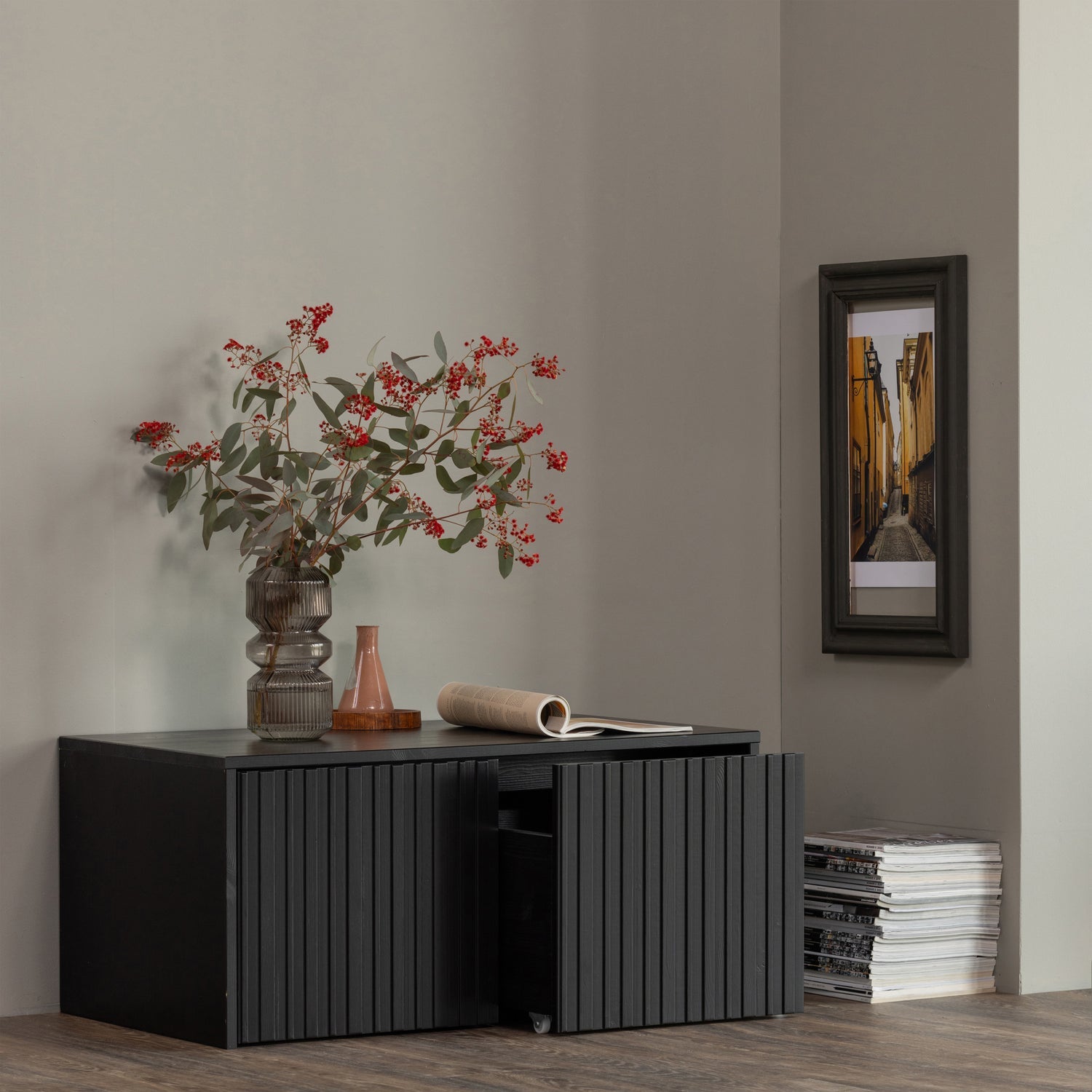 Bank met lades GRAVURE zwart vurenhout