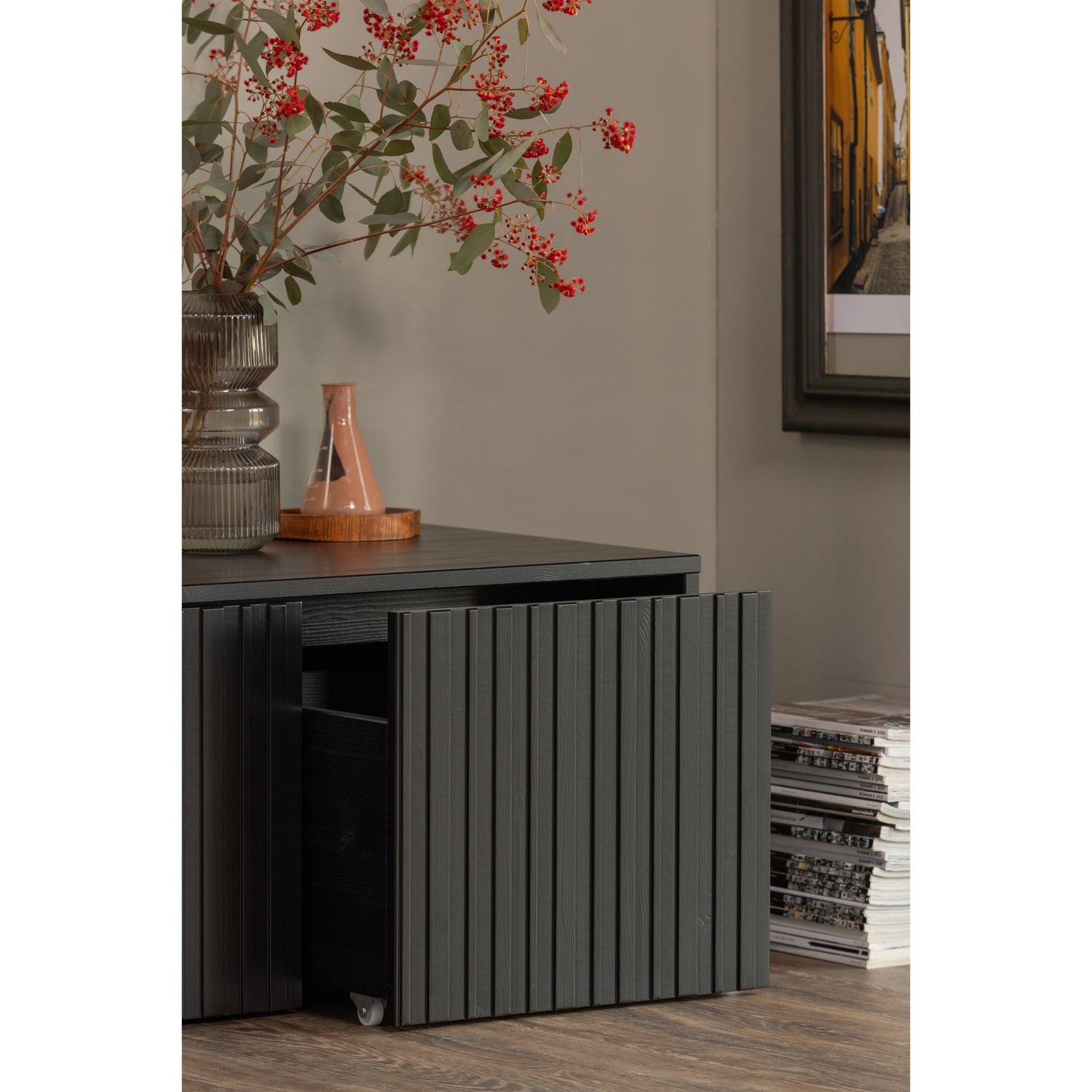 Bank met lades GRAVURE zwart vurenhout