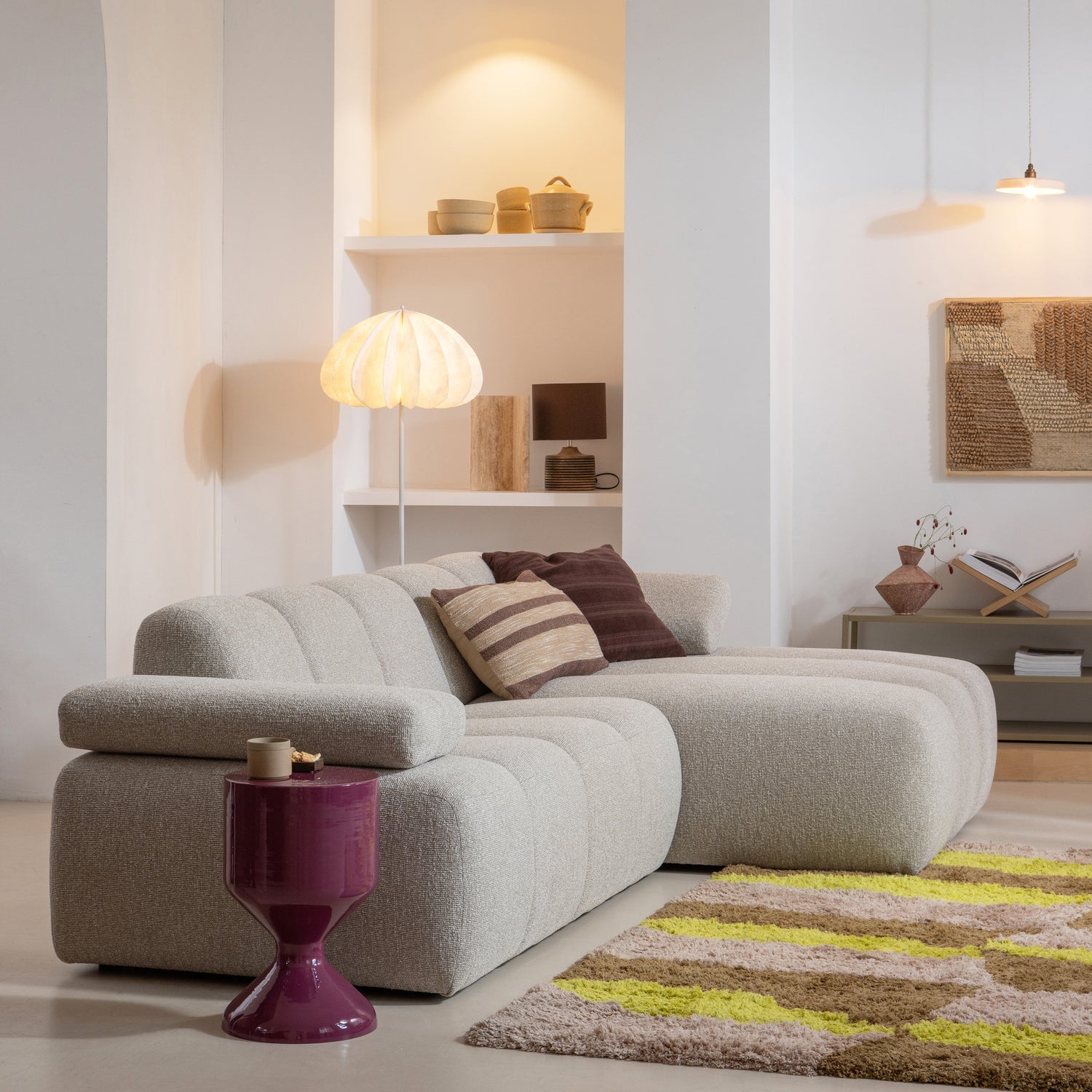 Modulaire bank MOJO - rechtszijdige chaise longue in zandkleurig schapenvacht